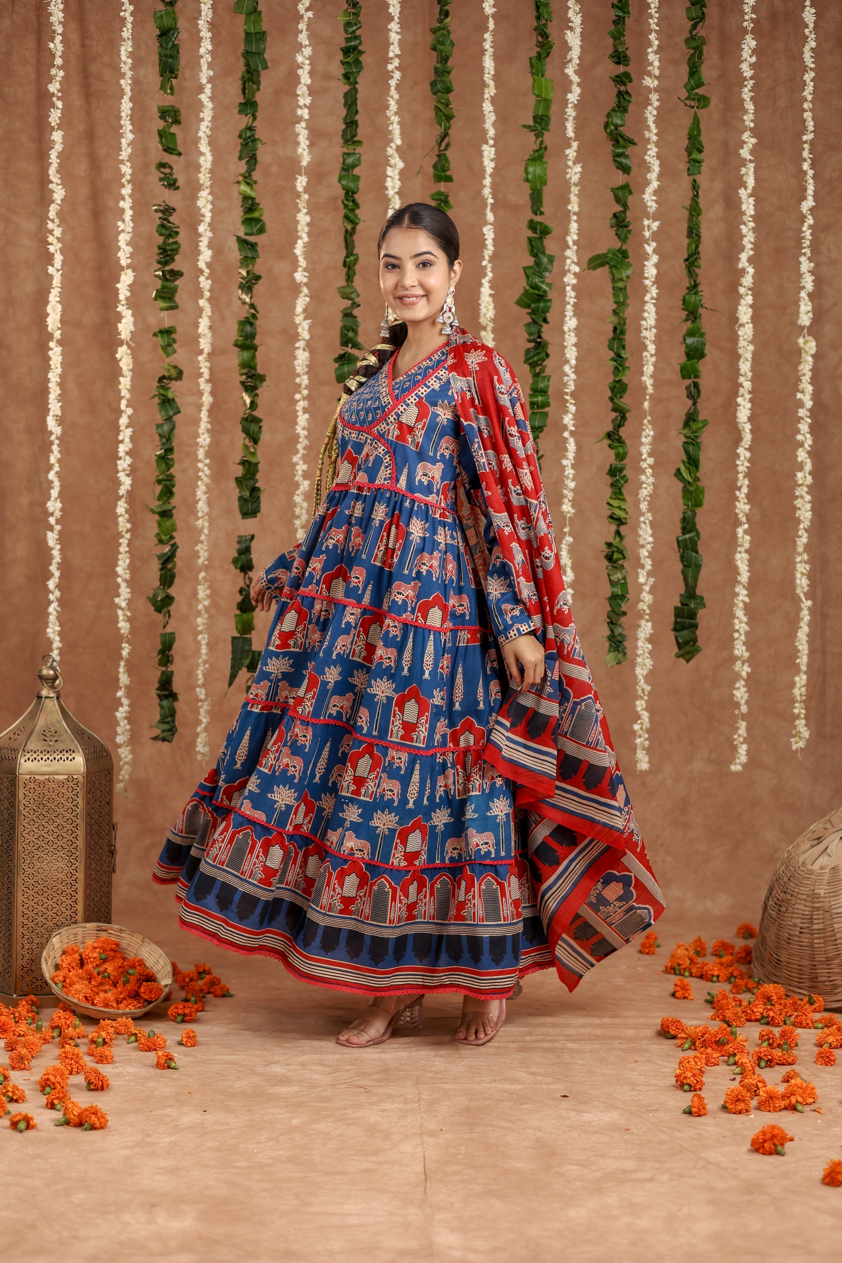 Women Angrakha Cotton Work Sequence Katha Embroidered and Crosio Lace Worked Animal Printed Kurta With Pant and Dupatta