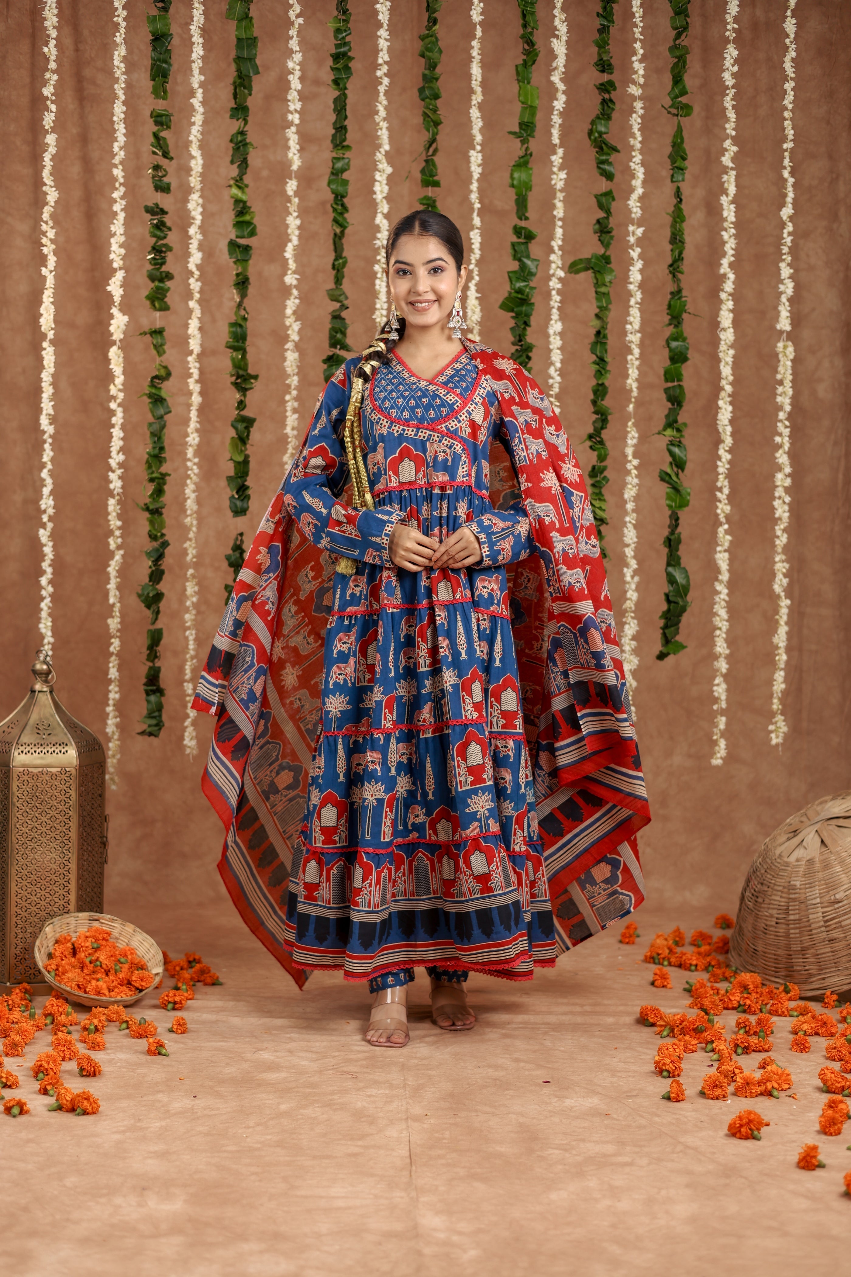 Women Angrakha Cotton Work Sequence Katha Embroidered and Crosio Lace Worked Animal Printed Kurta With Pant and Dupatta