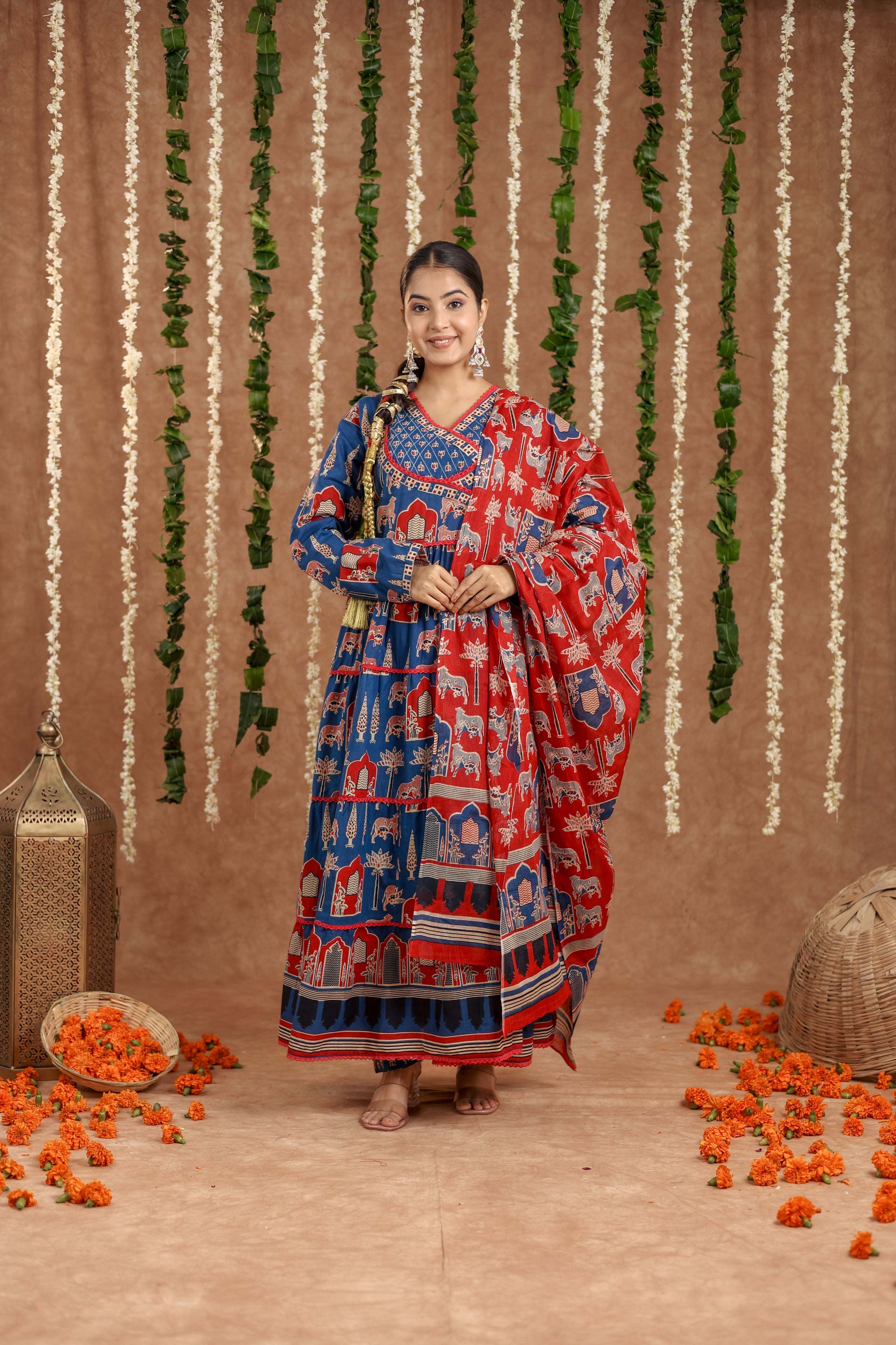 Women Angrakha Cotton Work Sequence Katha Embroidered and Crosio Lace Worked Animal Printed Kurta With Pant and Dupatta