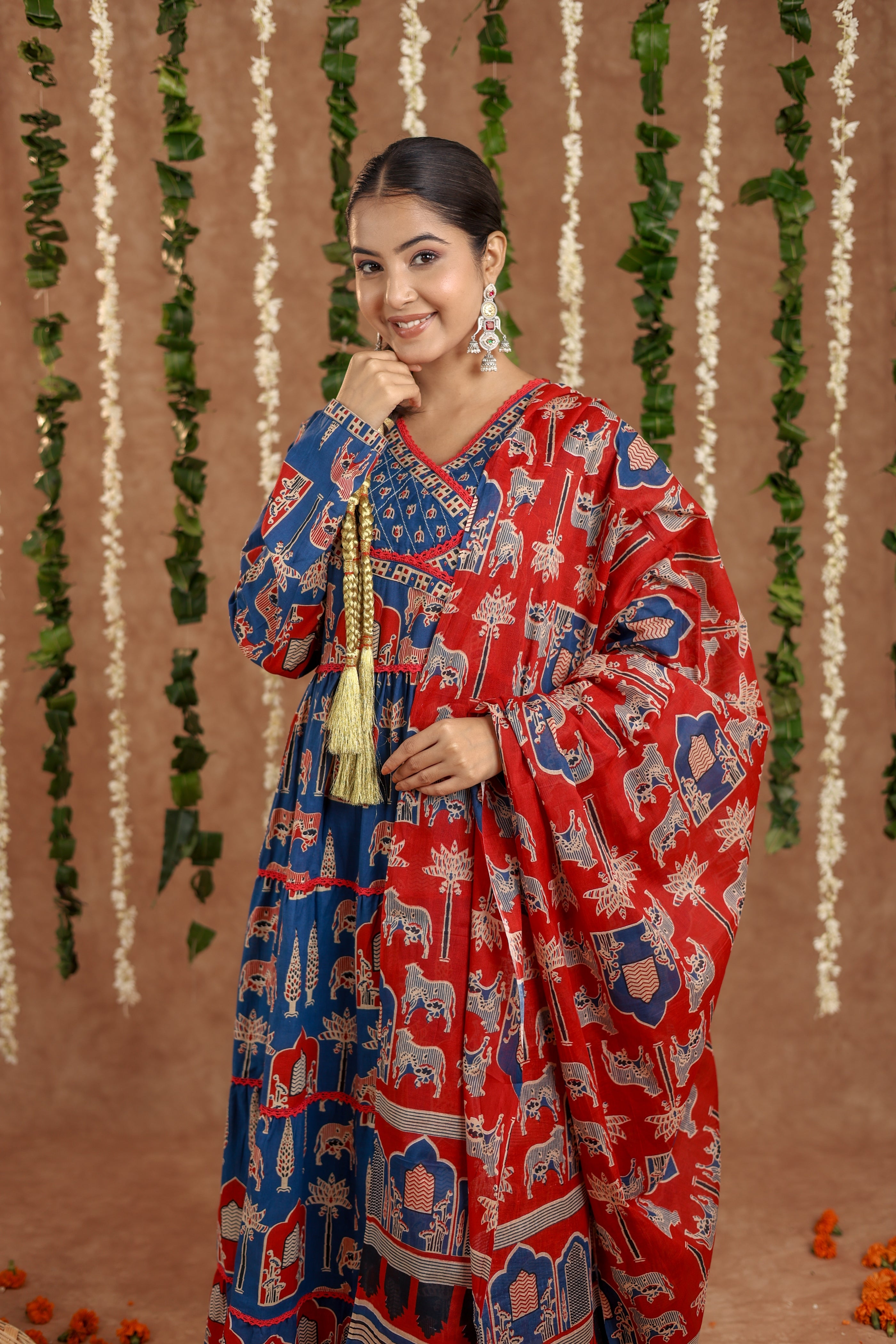Women Angrakha Cotton Work Sequence Katha Embroidered and Crosio Lace Worked Animal Printed Kurta With Pant and Dupatta
