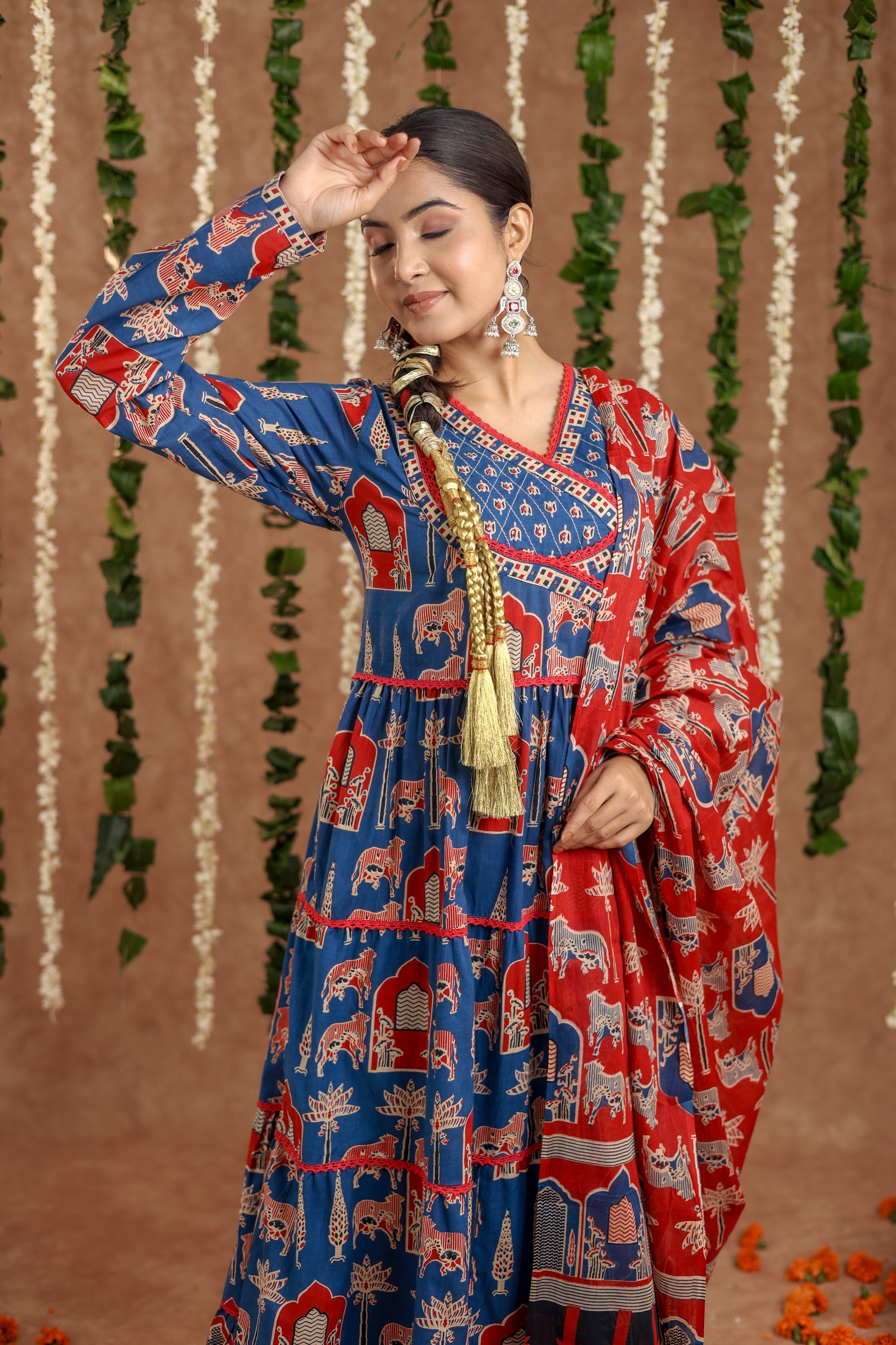 Women Angrakha Cotton Work Sequence Katha Embroidered and Crosio Lace Worked Animal Printed Kurta With Pant and Dupatta