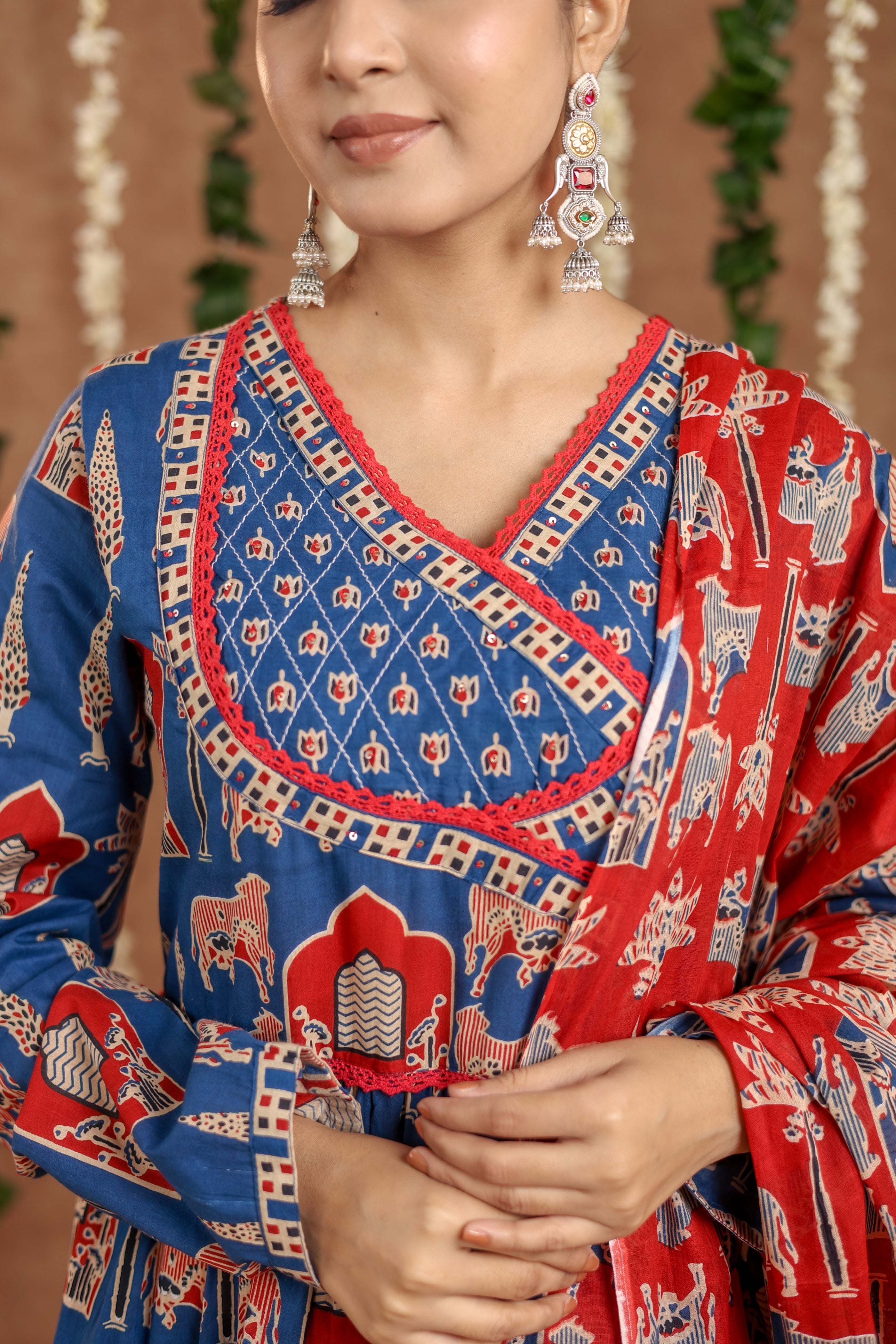 Women Angrakha Cotton Work Sequence Katha Embroidered and Crosio Lace Worked Animal Printed Kurta With Pant and Dupatta