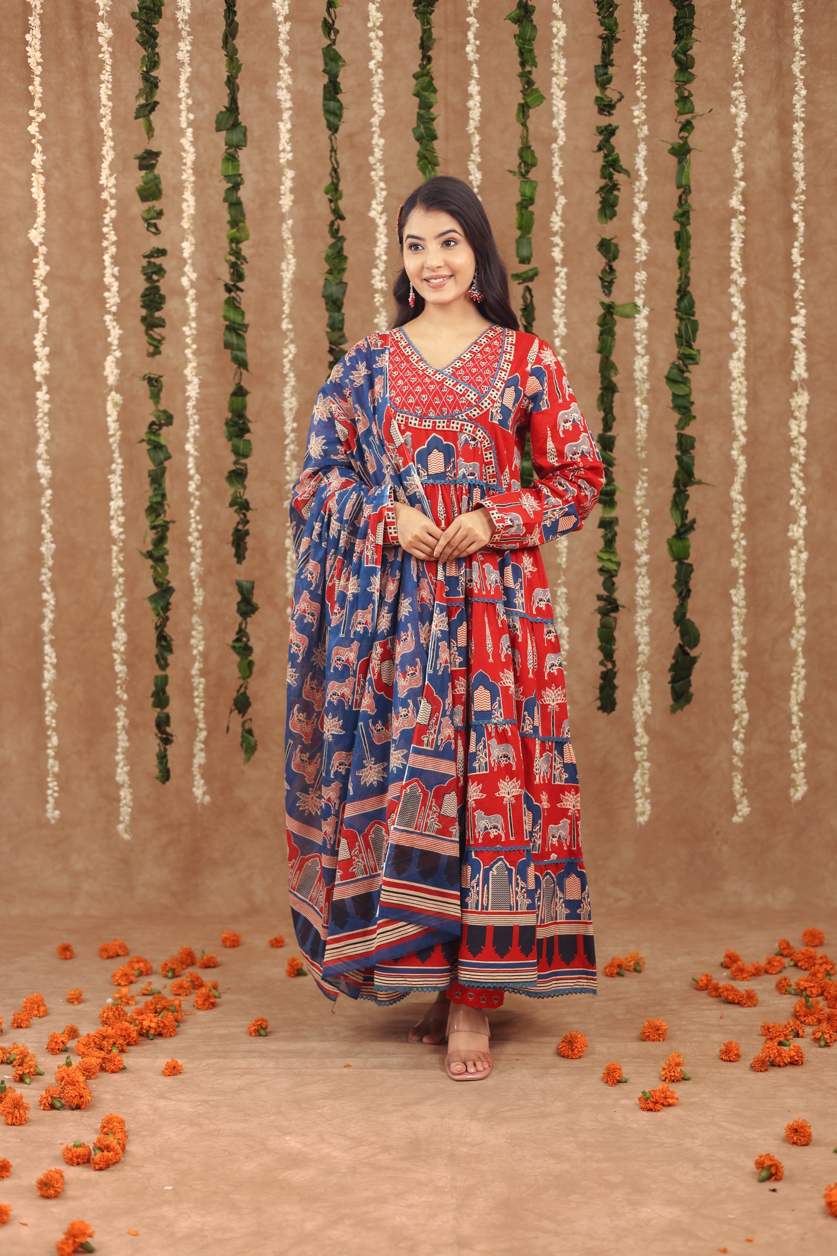 Women Angrakha Cotton Work Sequence Katha Embroidered and Crosia Lace Worked Animal Printed Kurta With Pant and Dupatta