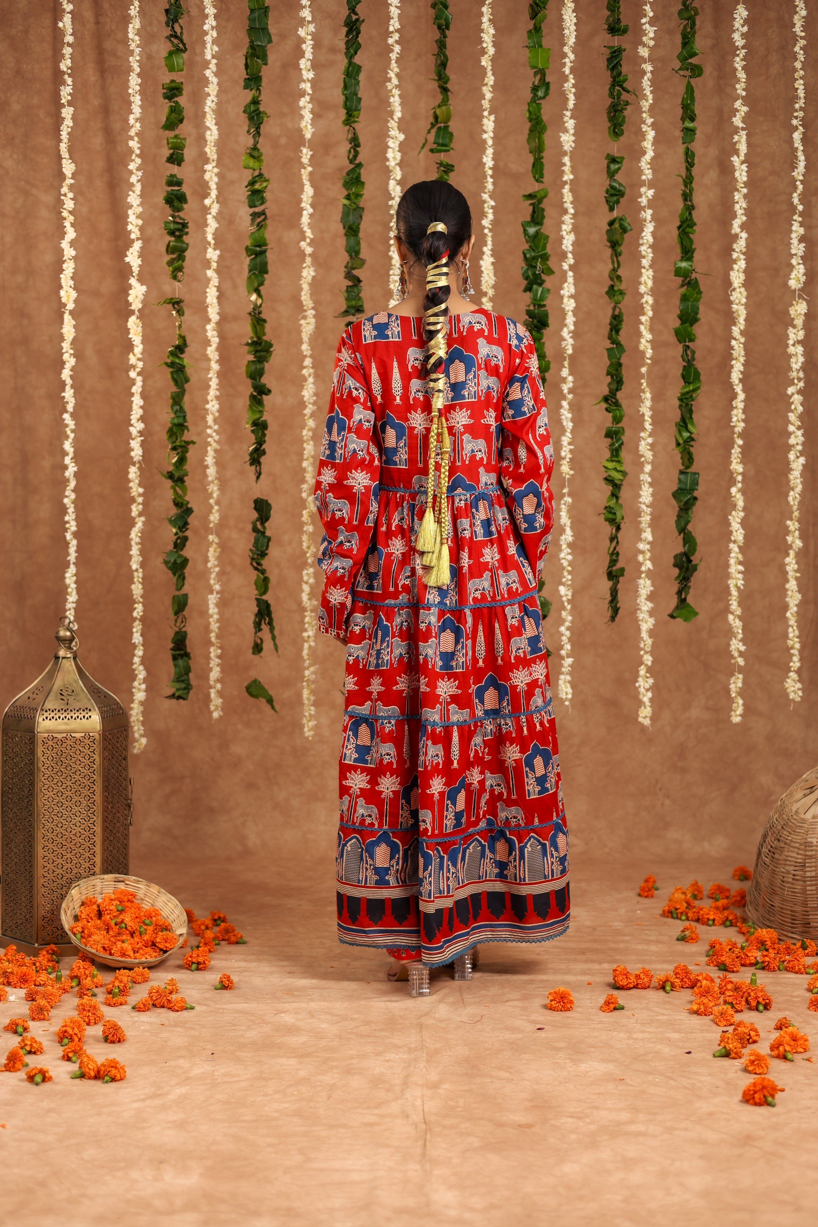 Women Angrakha Cotton Work Sequence Katha Embroidered and Crosia Lace Worked Animal Printed Kurta With Pant and Dupatta