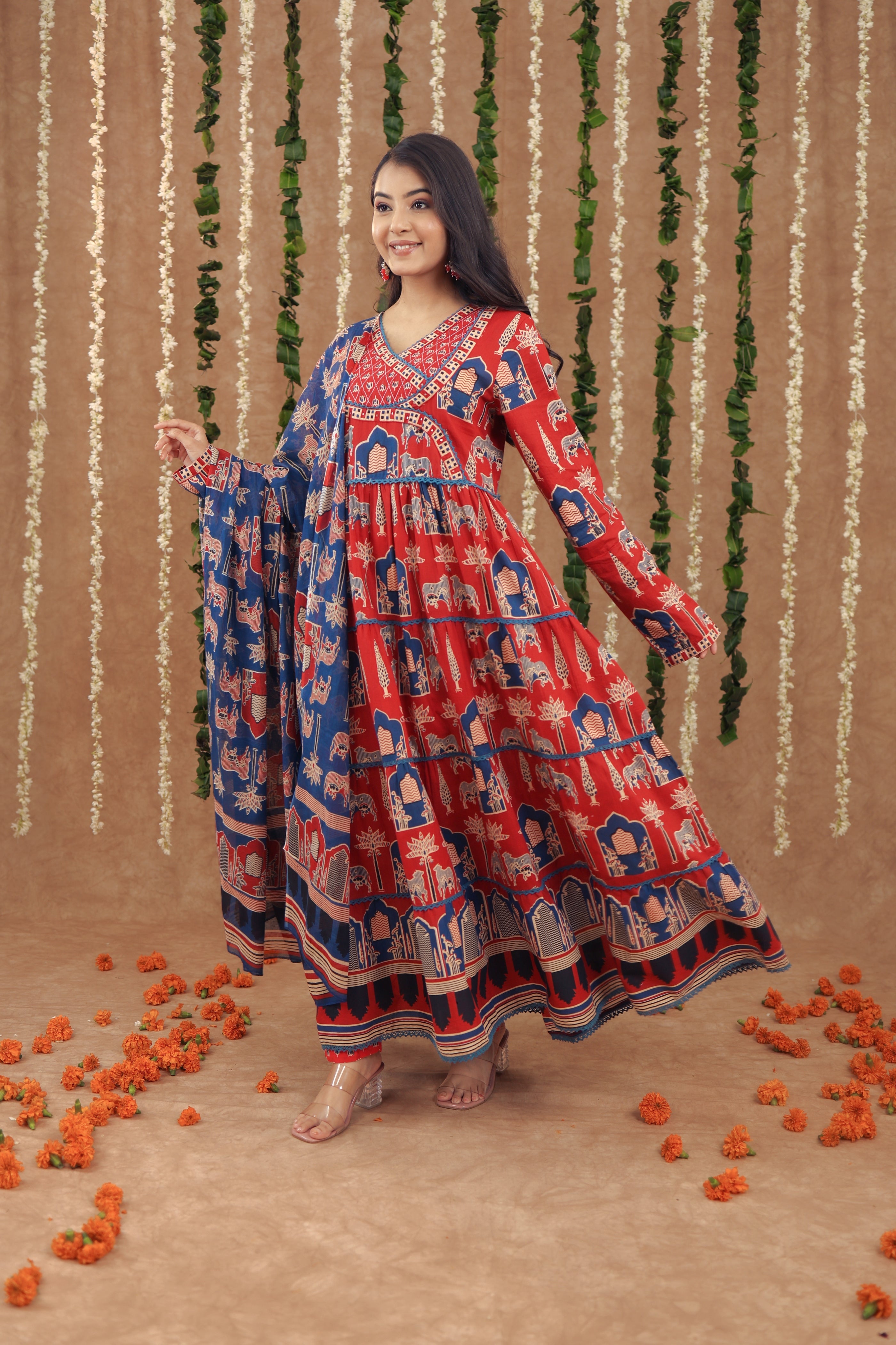 Women Angrakha Cotton Work Sequence Katha Embroidered and Crosia Lace Worked Animal Printed Kurta With Pant and Dupatta