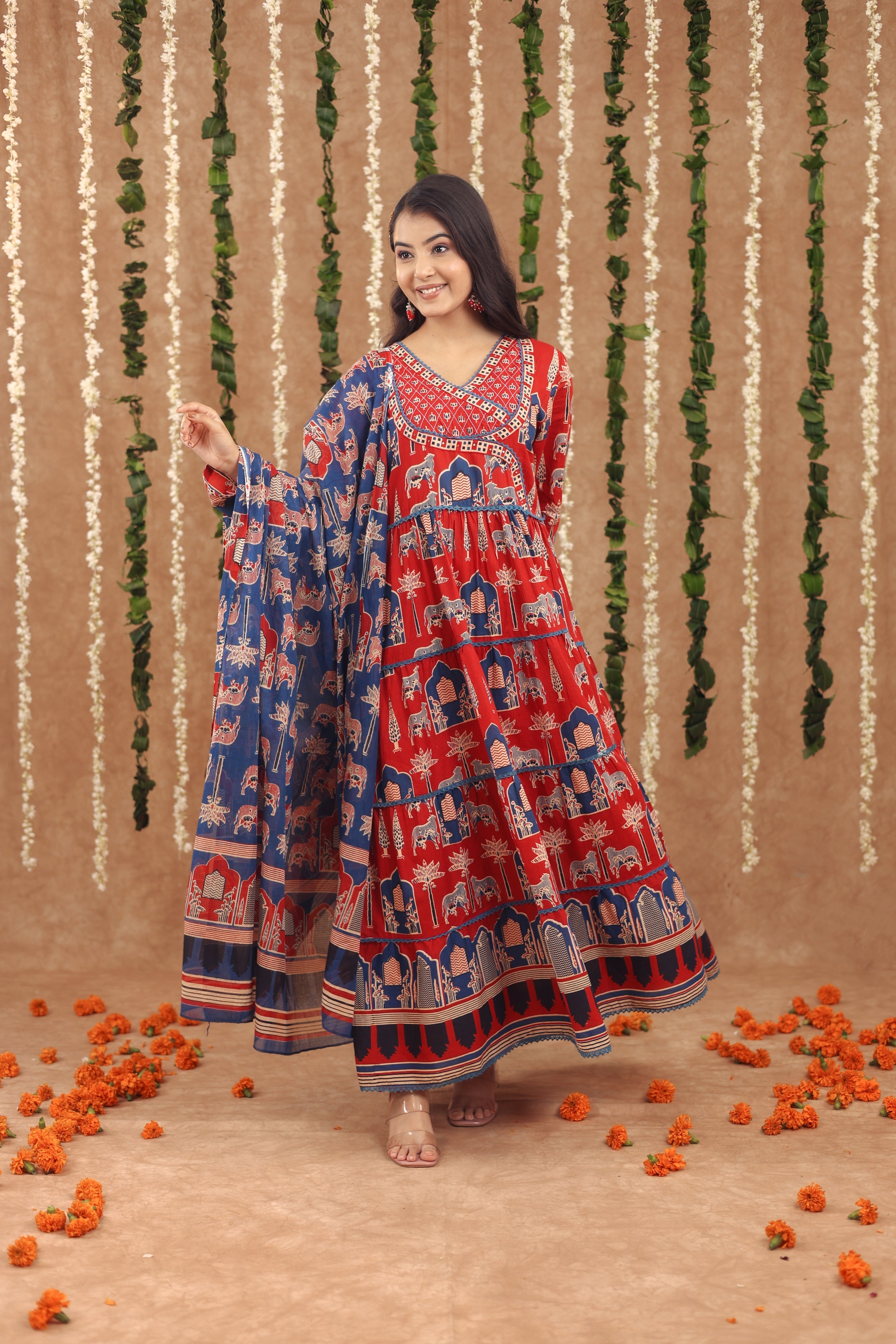 Women Angrakha Cotton Work Sequence Katha Embroidered and Crosia Lace Worked Animal Printed Kurta With Pant and Dupatta