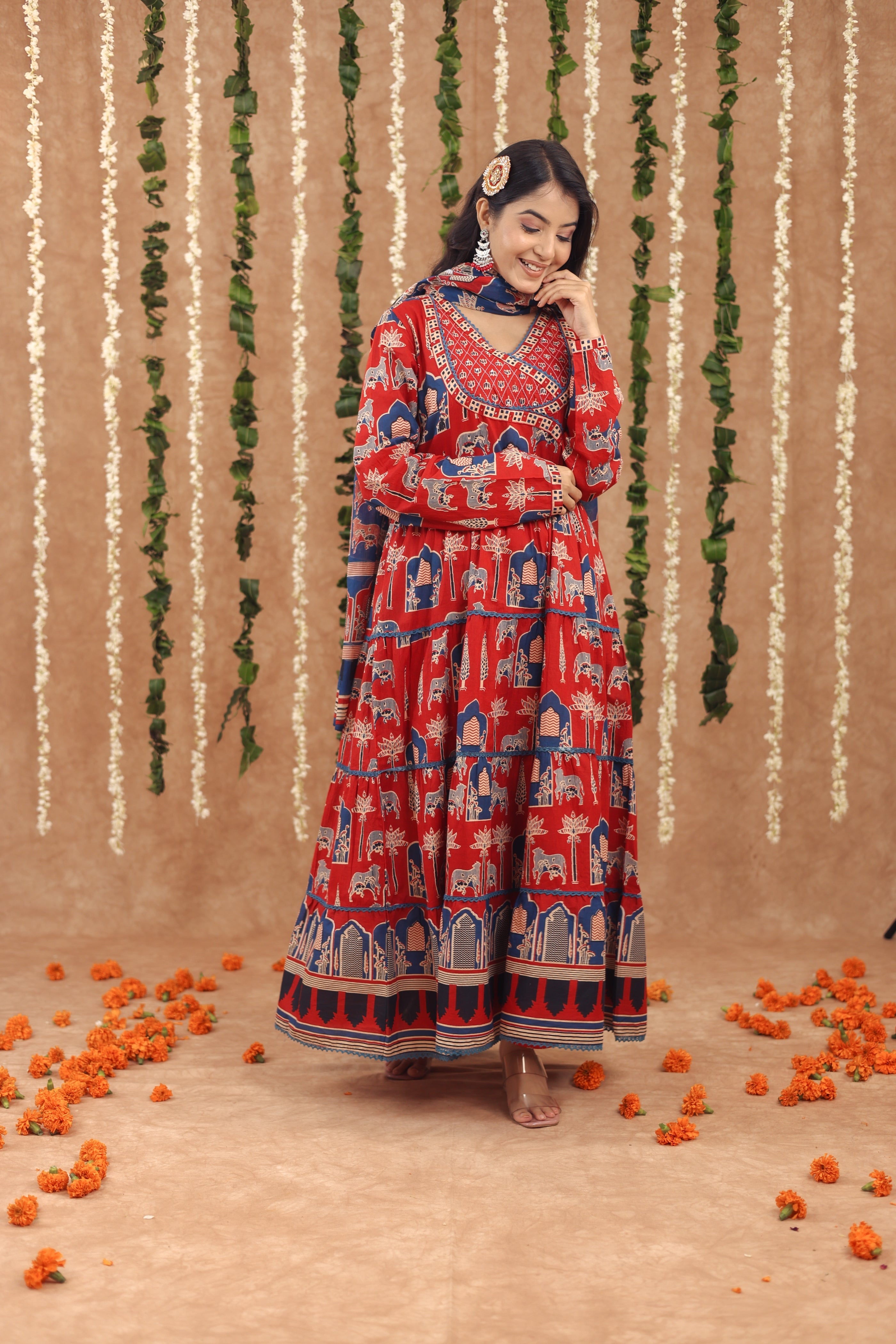 Women Angrakha Cotton Work Sequence Katha Embroidered and Crosia Lace Worked Animal Printed Kurta With Pant and Dupatta