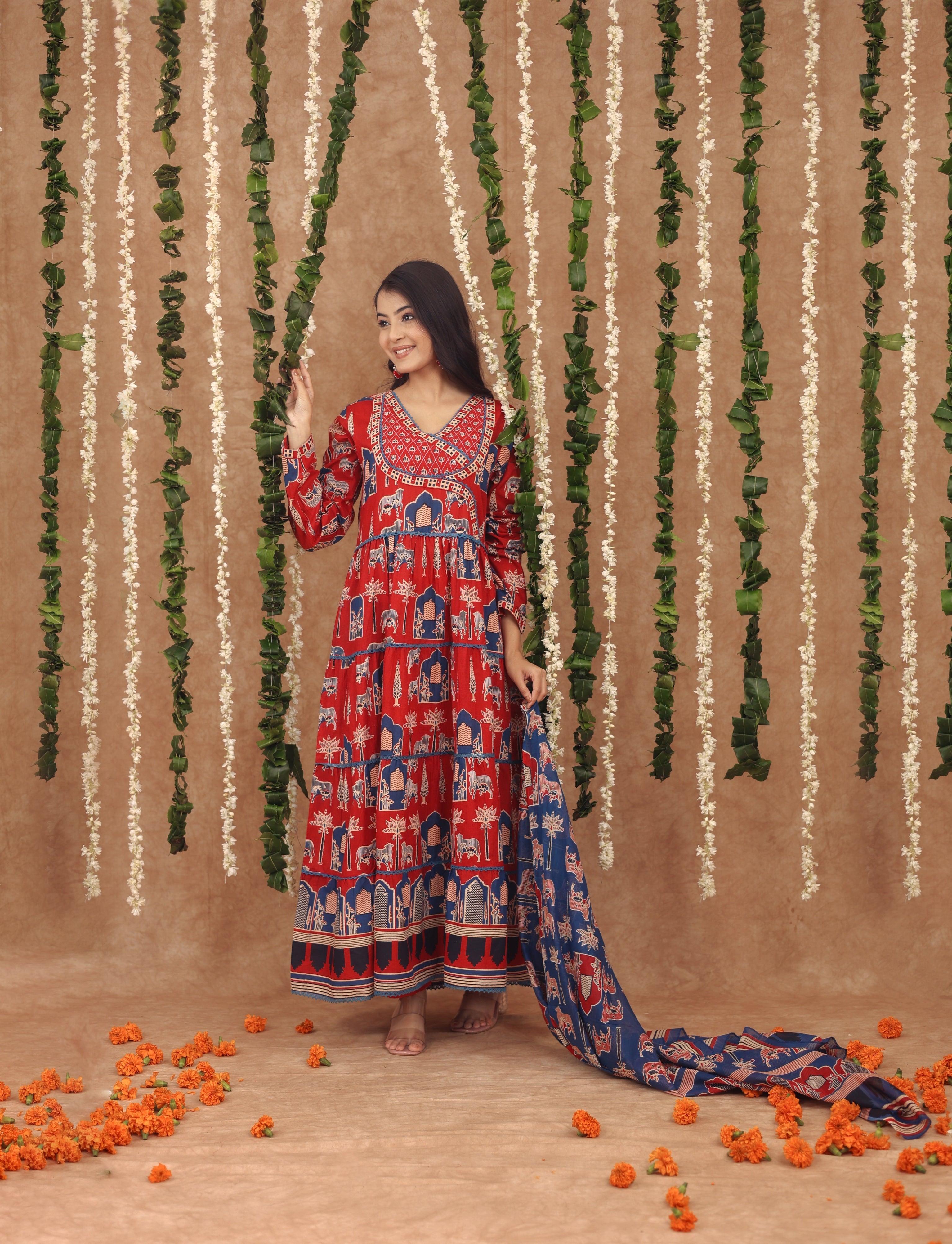 Women Angrakha Cotton Work Sequence Katha Embroidered and Crosia Lace Worked Animal Printed Kurta With Pant and Dupatta