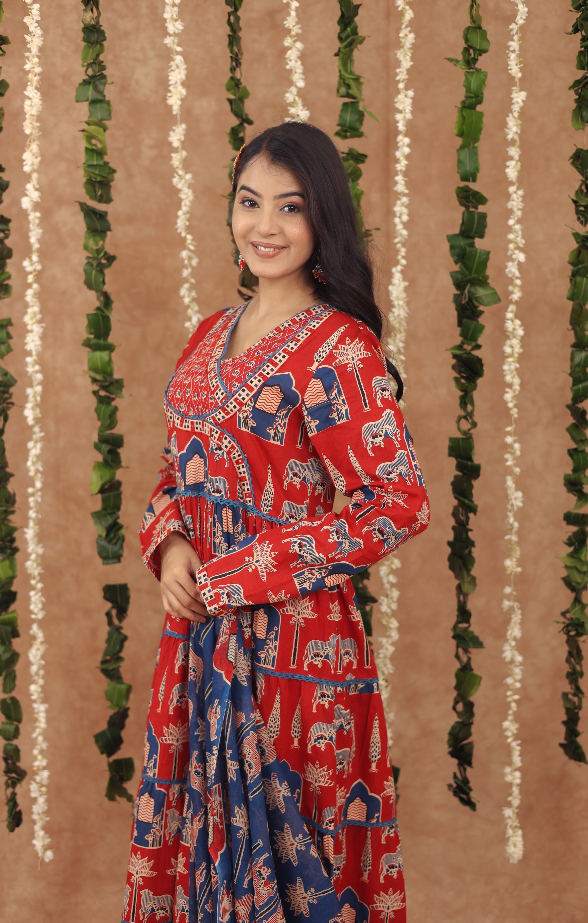 Women Angrakha Cotton Work Sequence Katha Embroidered and Crosia Lace Worked Animal Printed Kurta With Pant and Dupatta