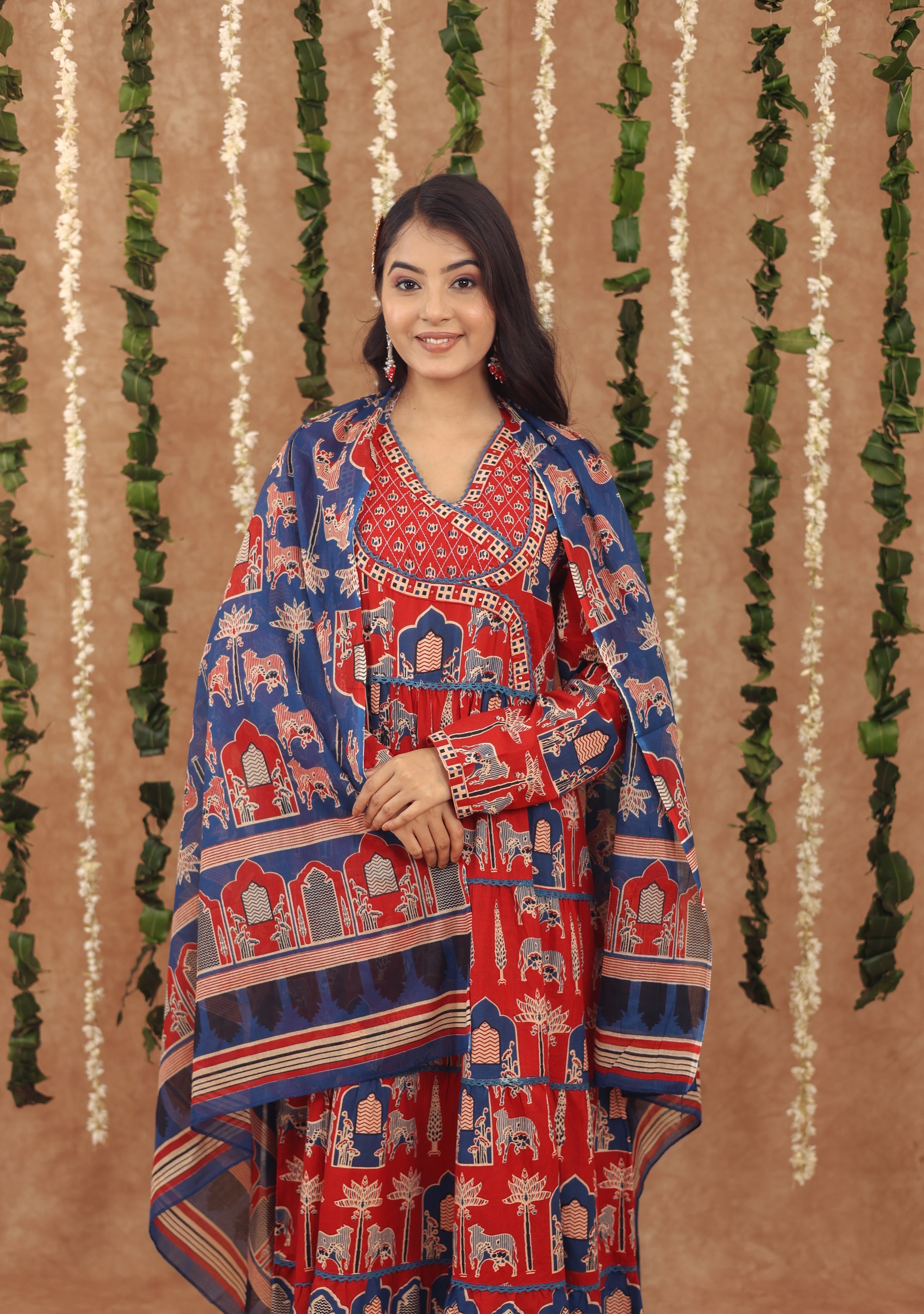 Women Angrakha Cotton Work Sequence Katha Embroidered and Crosia Lace Worked Animal Printed Kurta With Pant and Dupatta