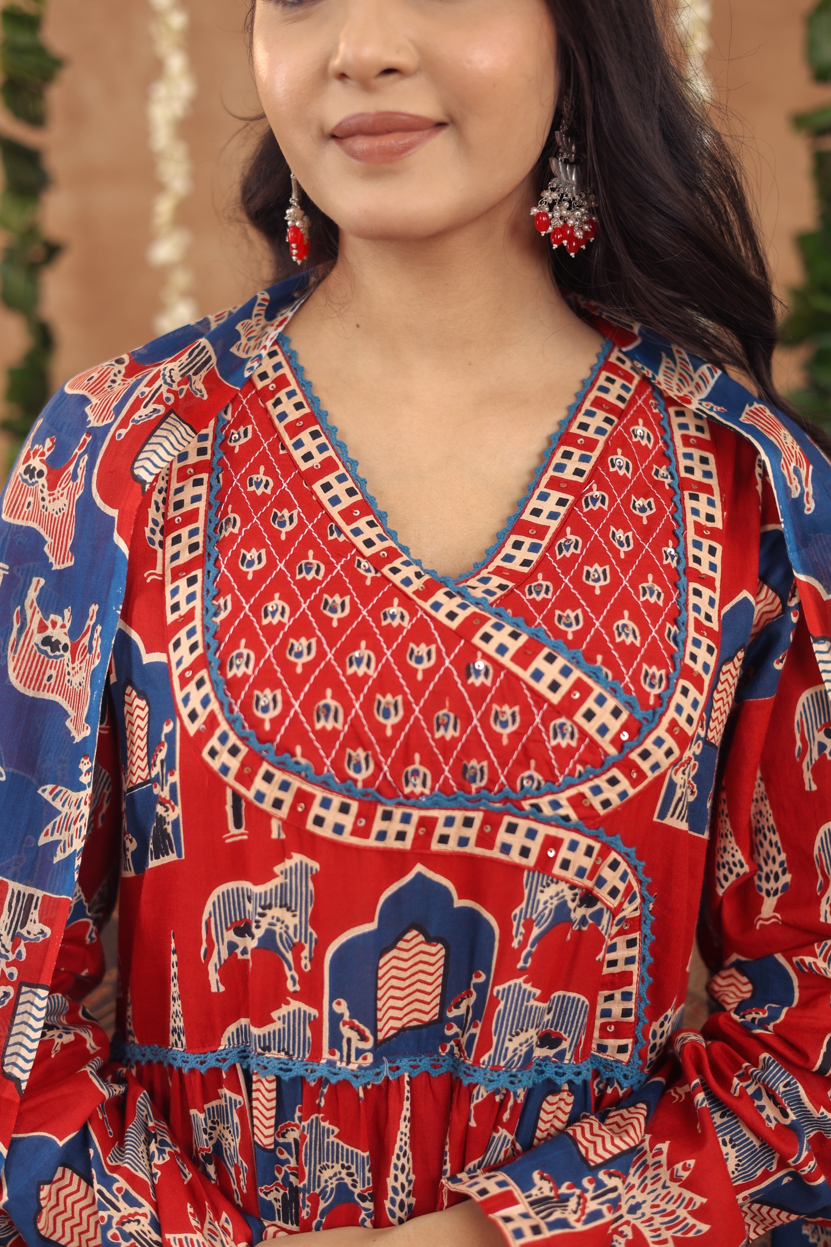 Women Angrakha Cotton Work Sequence Katha Embroidered and Crosia Lace Worked Animal Printed Kurta With Pant and Dupatta