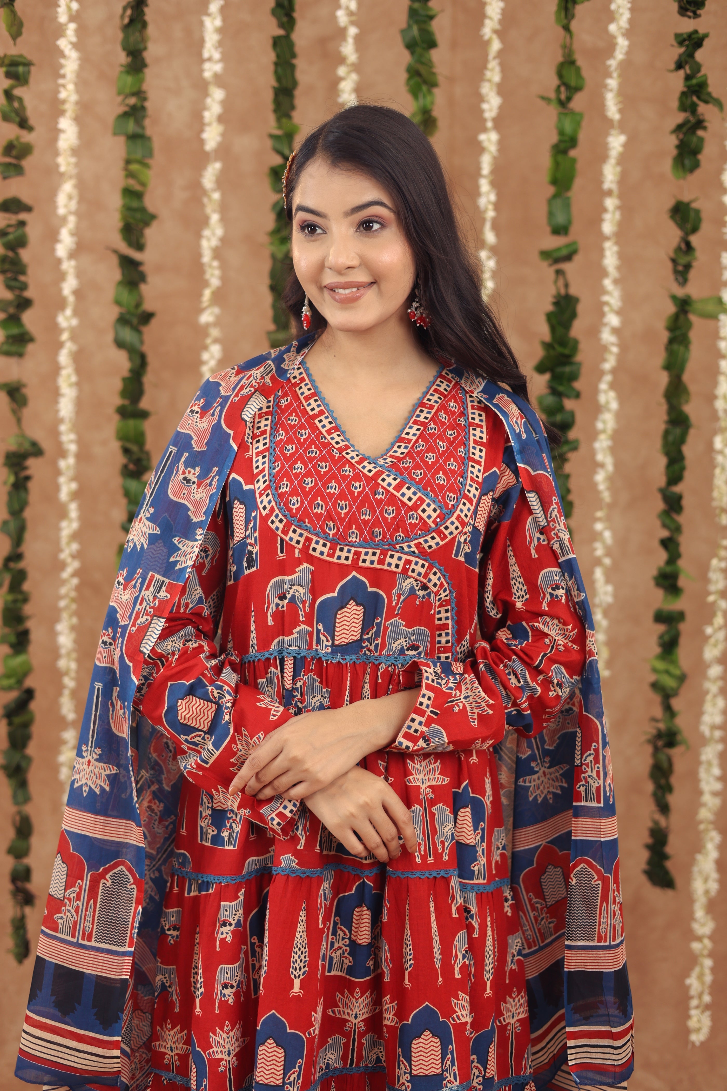 Women Angrakha Cotton Work Sequence Katha Embroidered and Crosia Lace Worked Animal Printed Kurta With Pant and Dupatta