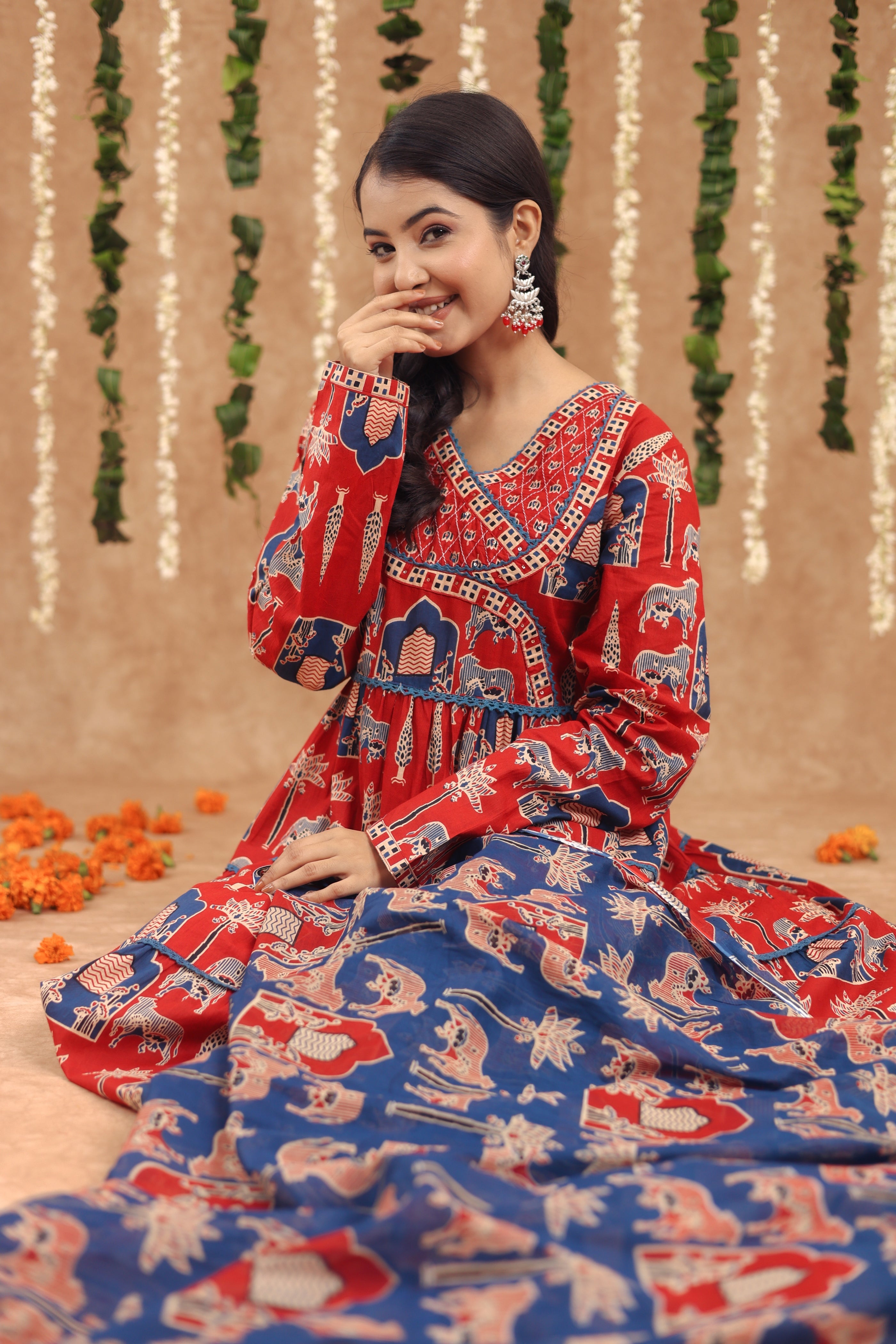 Women Angrakha Cotton Work Sequence Katha Embroidered and Crosia Lace Worked Animal Printed Kurta With Pant and Dupatta