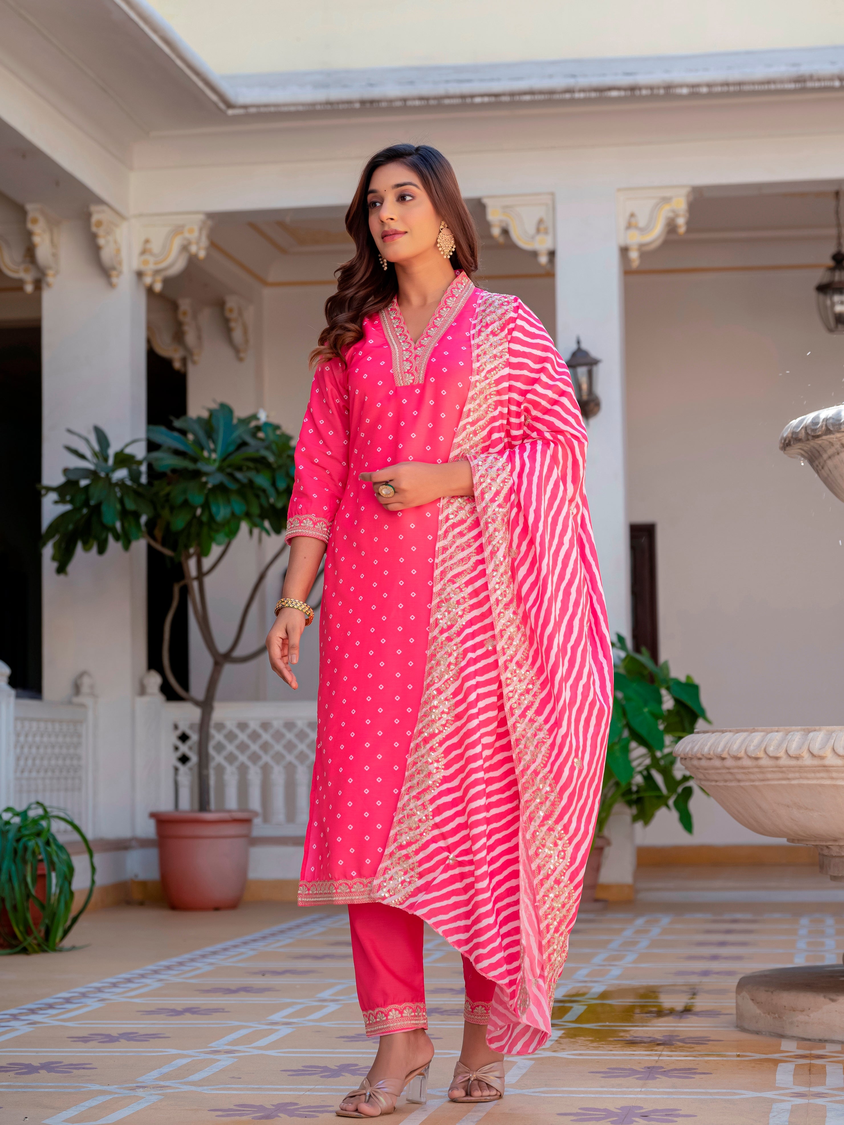 Jaipuri Printed Pink MUSLIN Kurti With Pant And Dupatta For Women