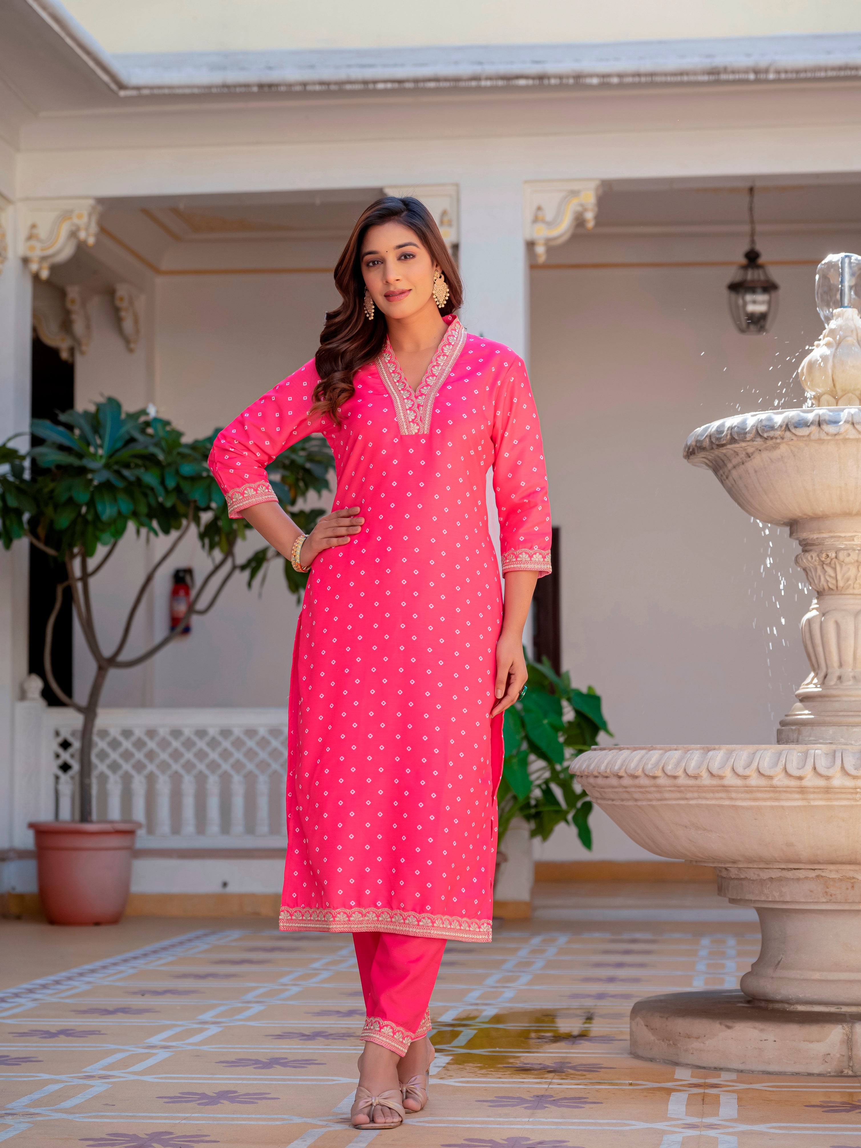 Jaipuri Printed Pink MUSLIN Kurti With Pant And Dupatta For Women