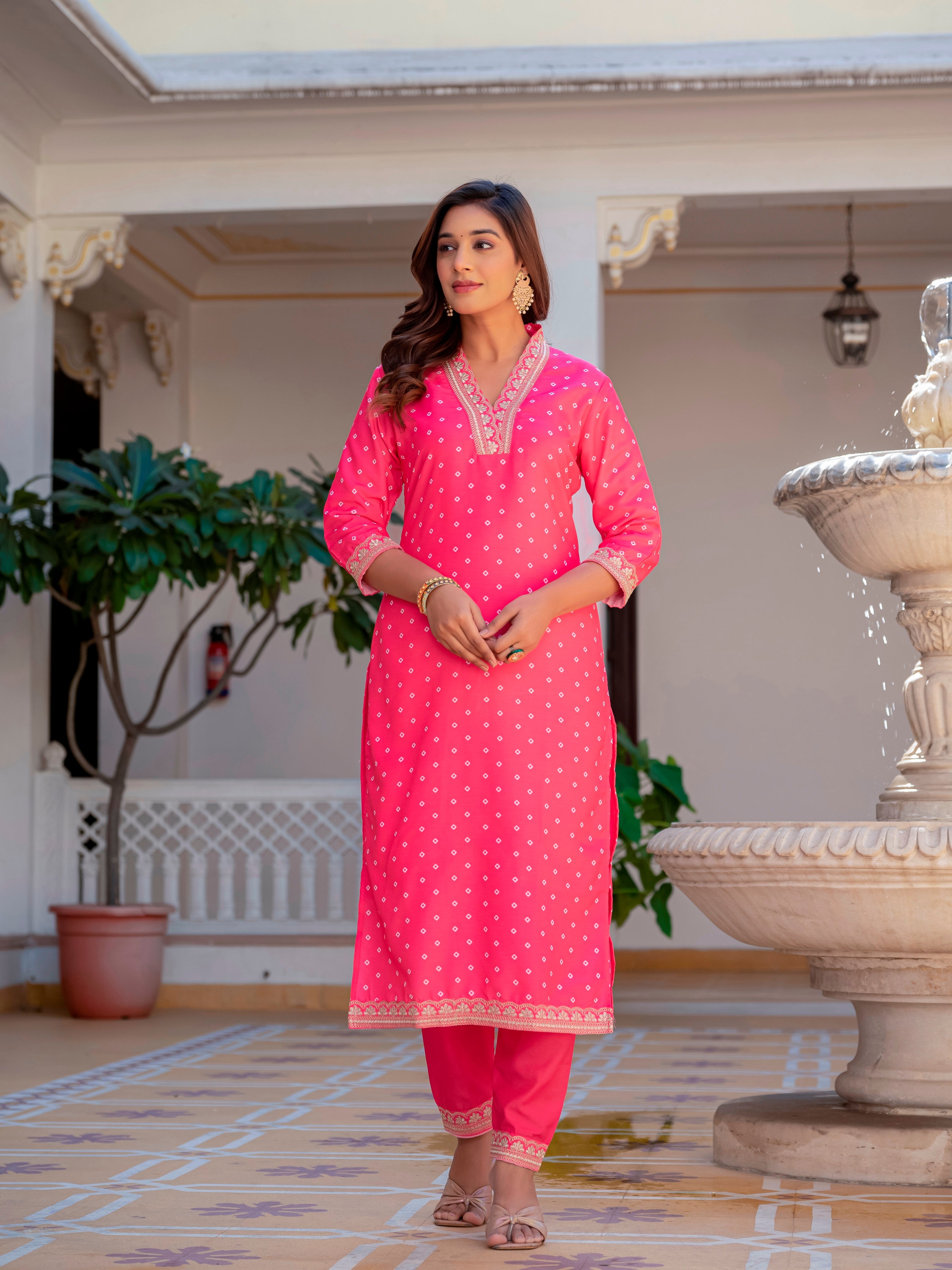 Jaipuri Printed Pink MUSLIN Kurti With Pant And Dupatta For Women