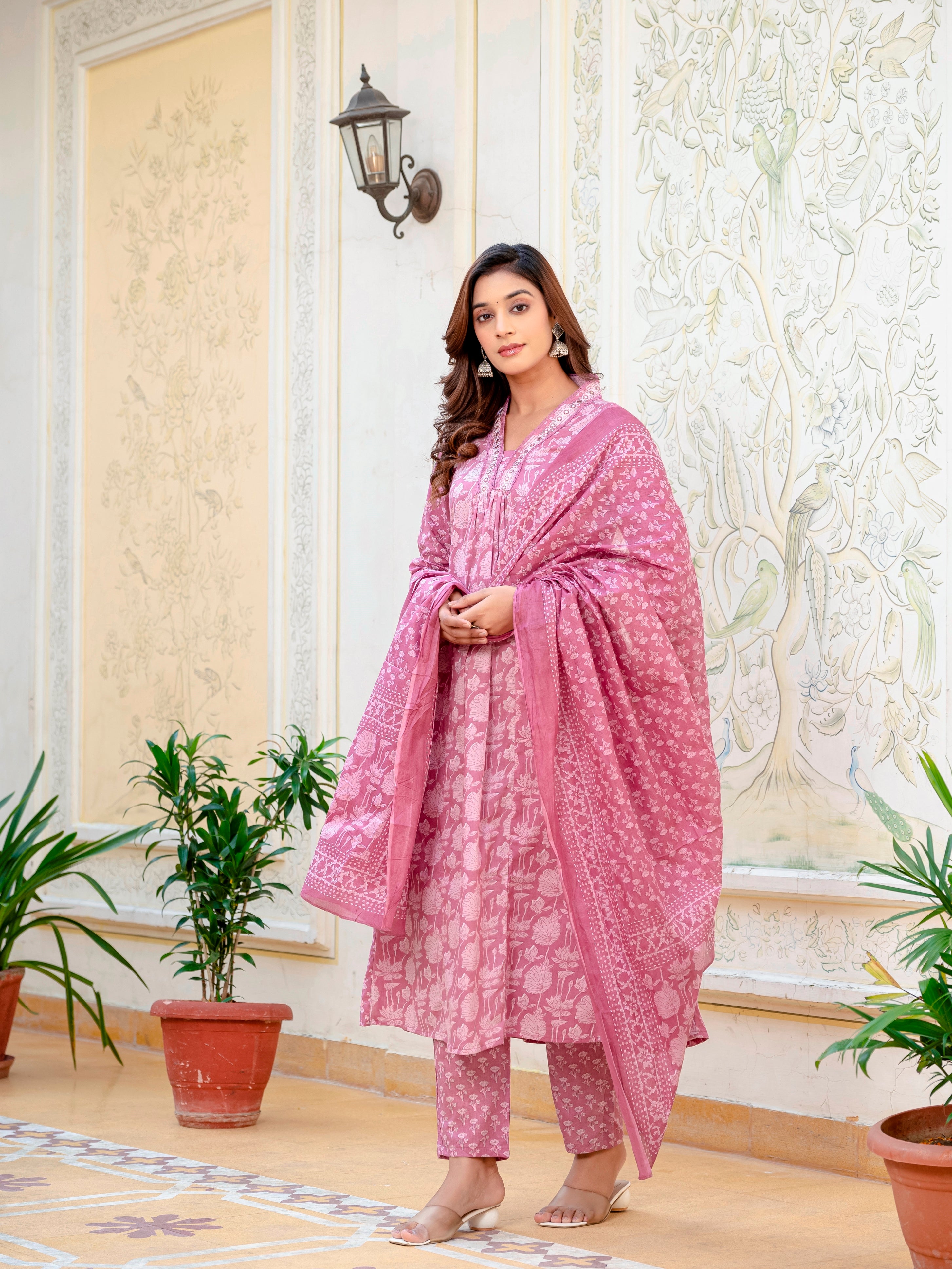 Women Cotton Jaipuri Flower Printed and Neckline Mirror Lace Worked Kurta With Pant and Dupatta