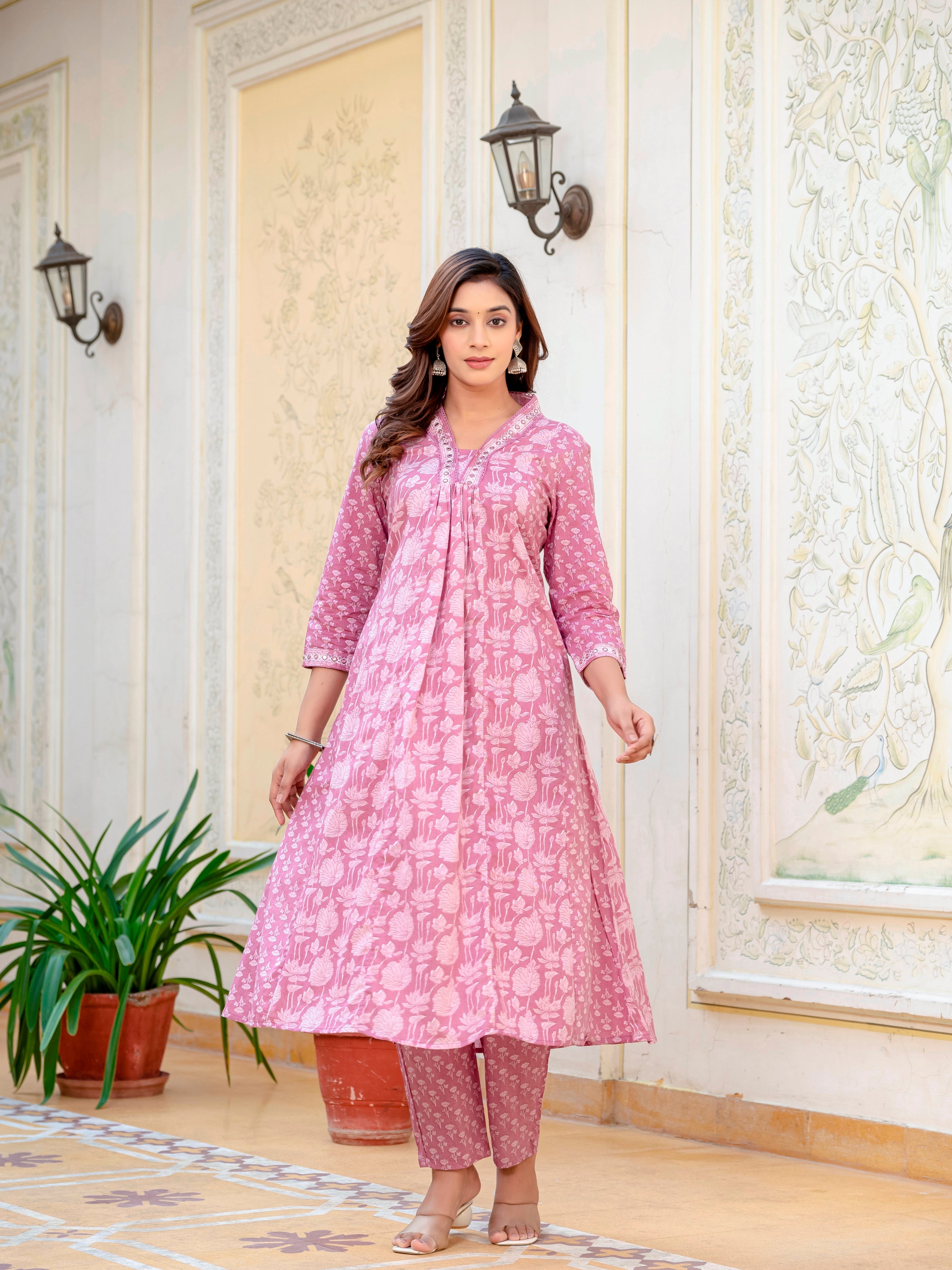 Women Cotton Jaipuri Flower Printed and Neckline Mirror Lace Worked Kurta With Pant and Dupatta