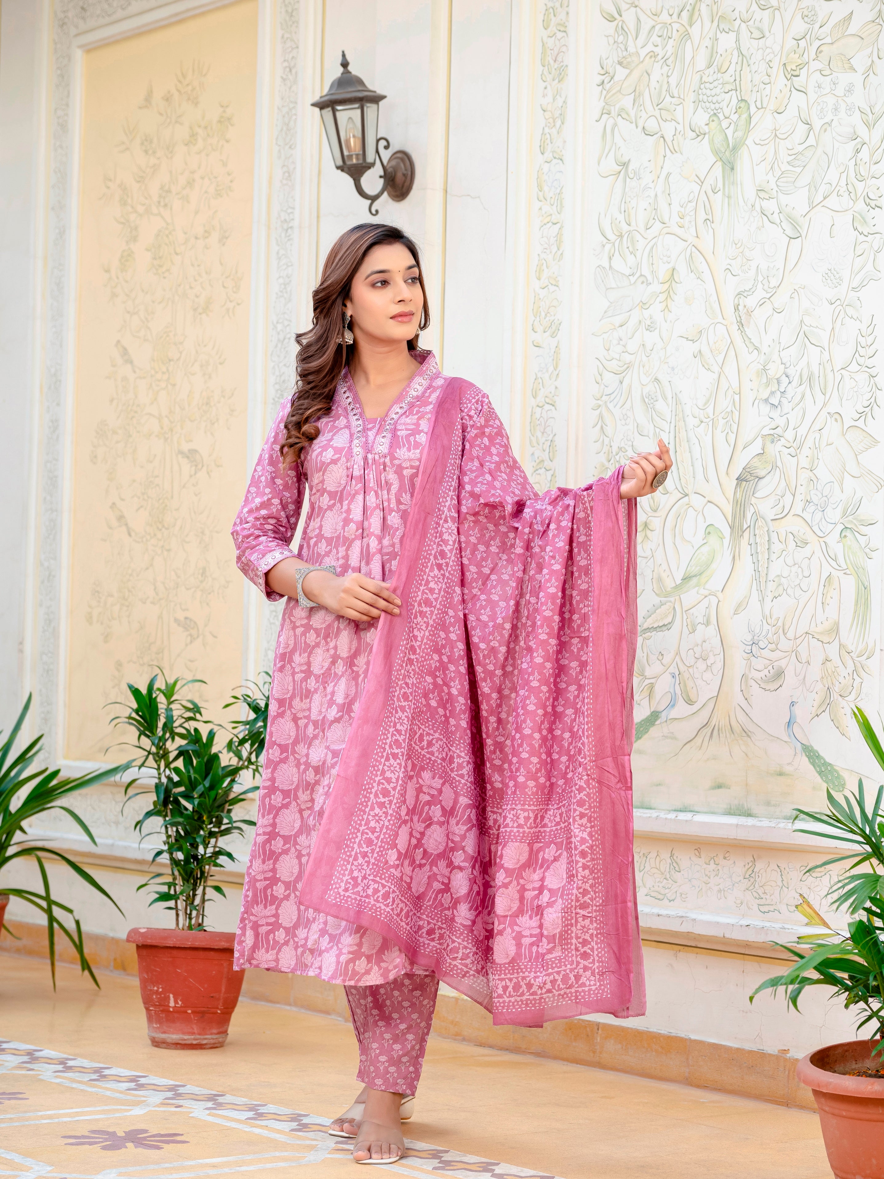 Women Cotton Jaipuri Flower Printed and Neckline Mirror Lace Worked Kurta With Pant and Dupatta