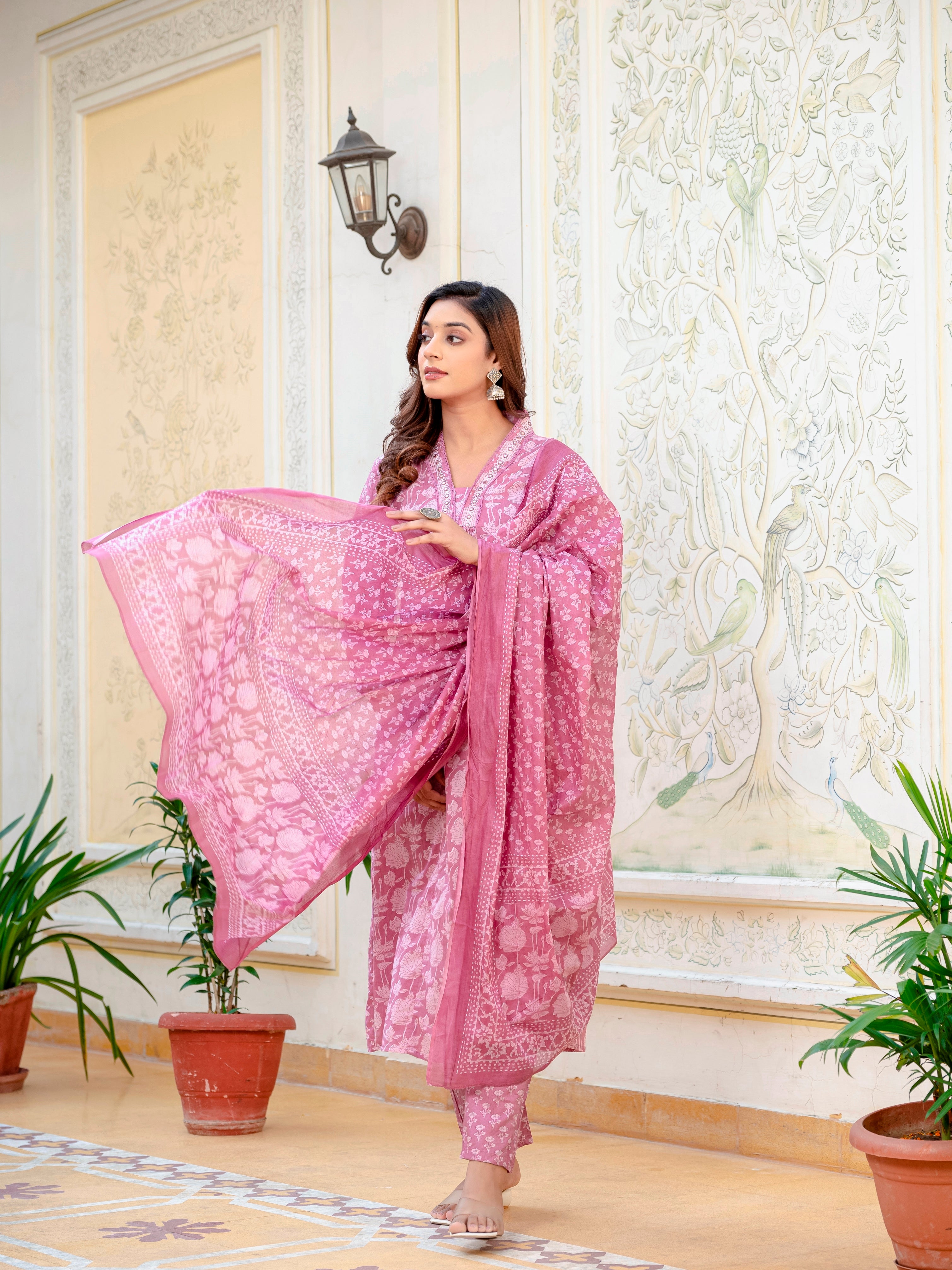 Women Cotton Jaipuri Flower Printed and Neckline Mirror Lace Worked Kurta With Pant and Dupatta