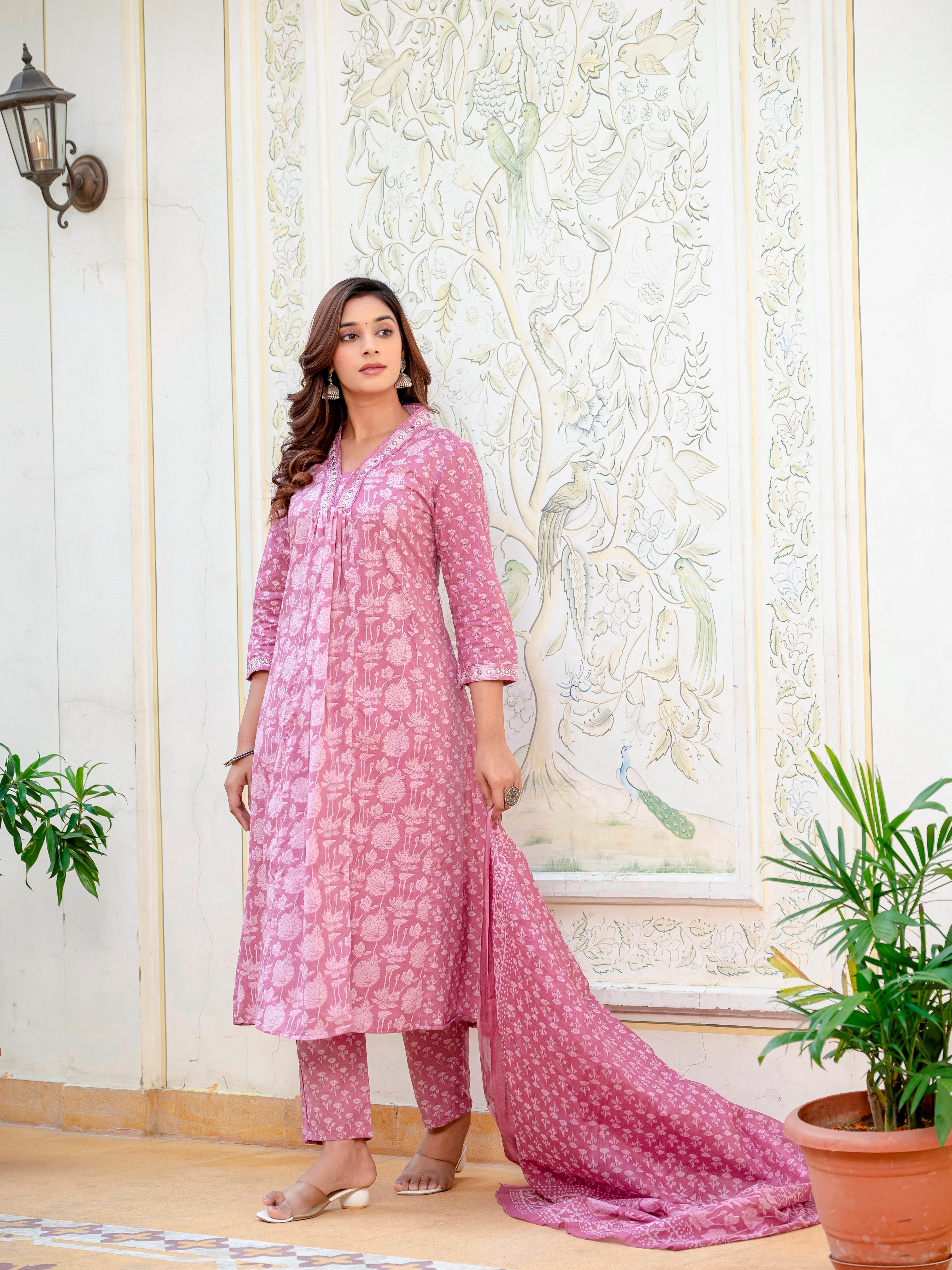 Women Cotton Jaipuri Flower Printed and Neckline Mirror Lace Worked Kurta With Pant and Dupatta