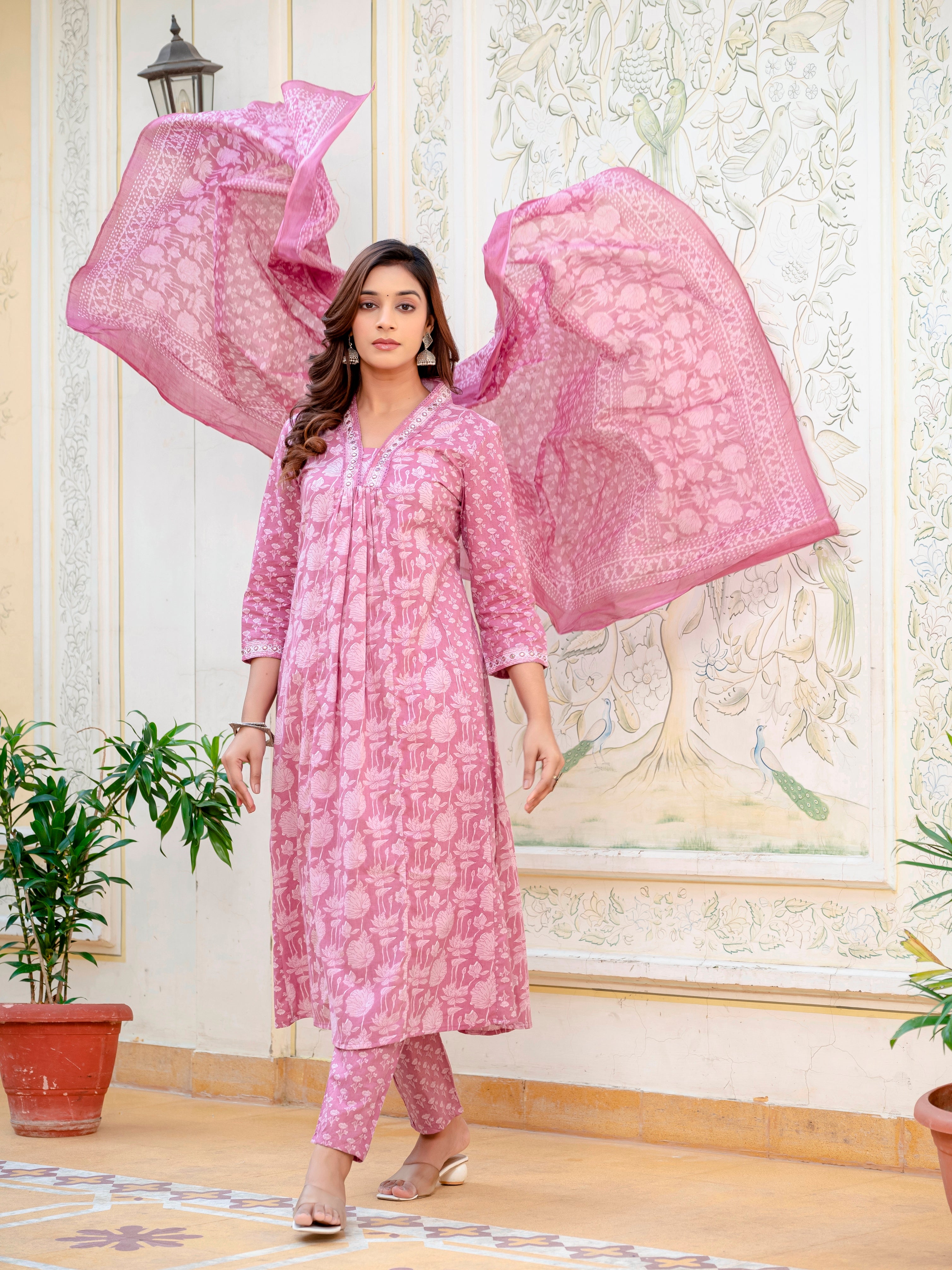 Women Cotton Jaipuri Flower Printed and Neckline Mirror Lace Worked Kurta With Pant and Dupatta