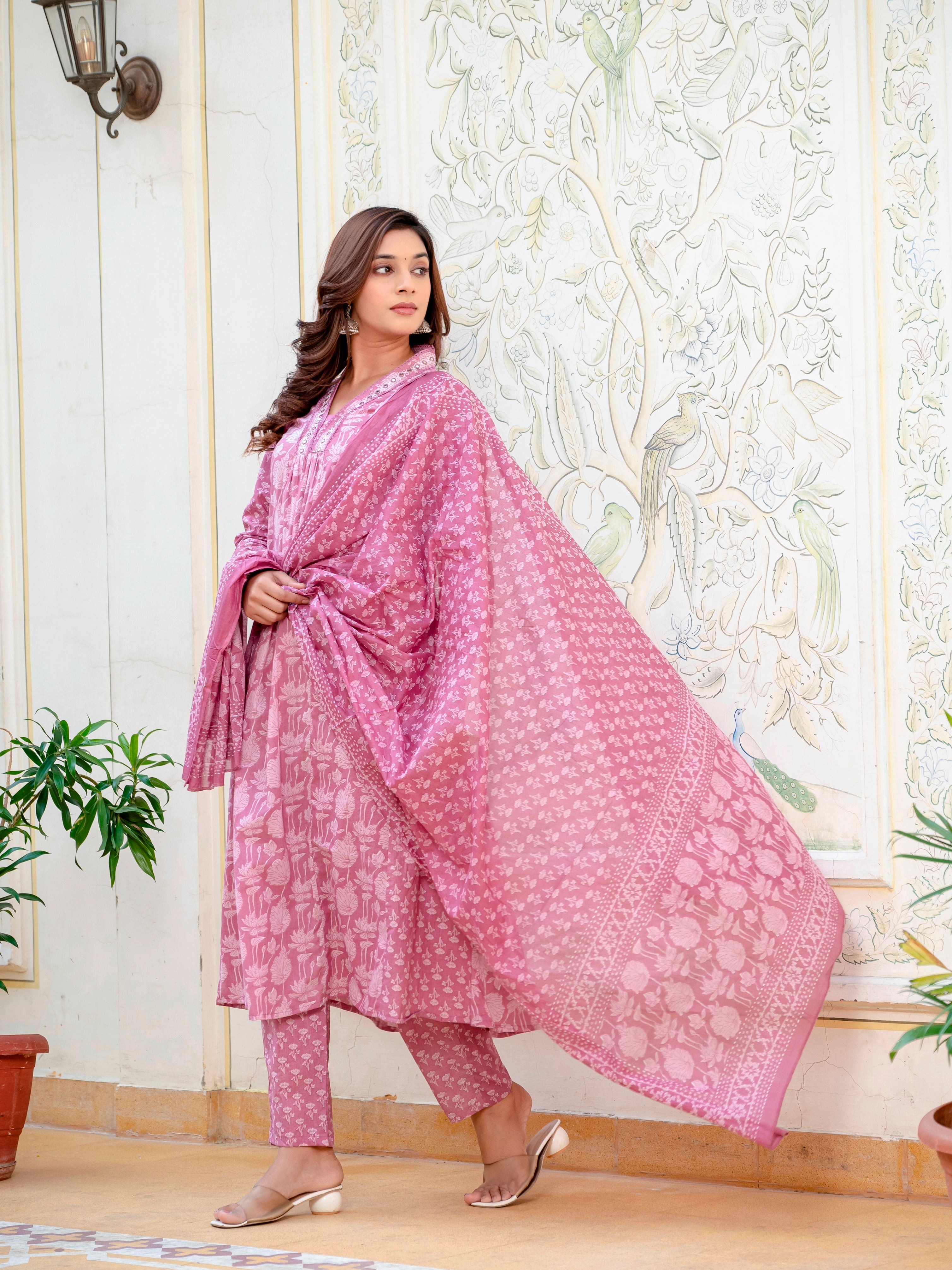 Women Cotton Jaipuri Flower Printed and Neckline Mirror Lace Worked Kurta With Pant and Dupatta