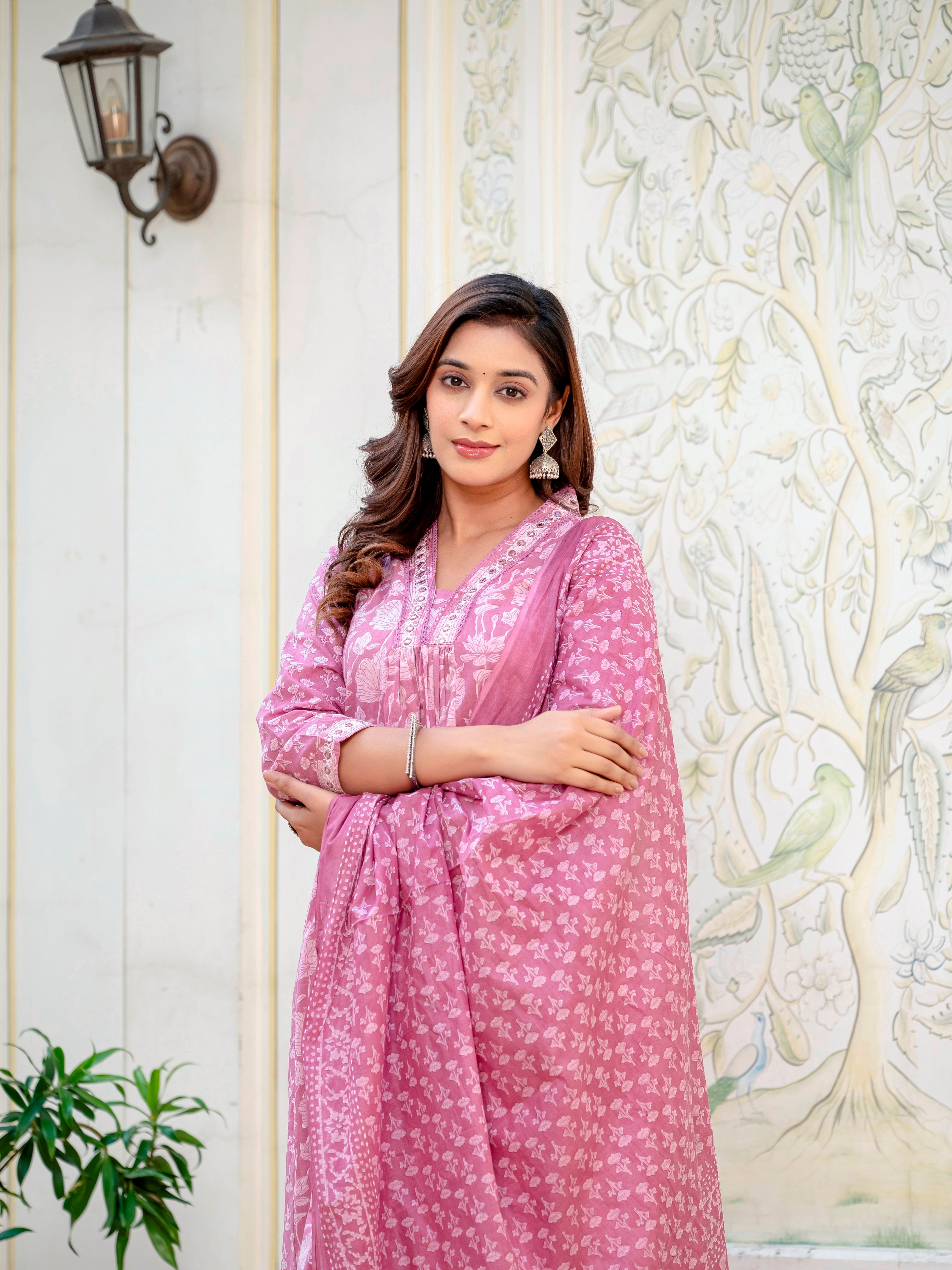 Women Cotton Jaipuri Flower Printed and Neckline Mirror Lace Worked Kurta With Pant and Dupatta