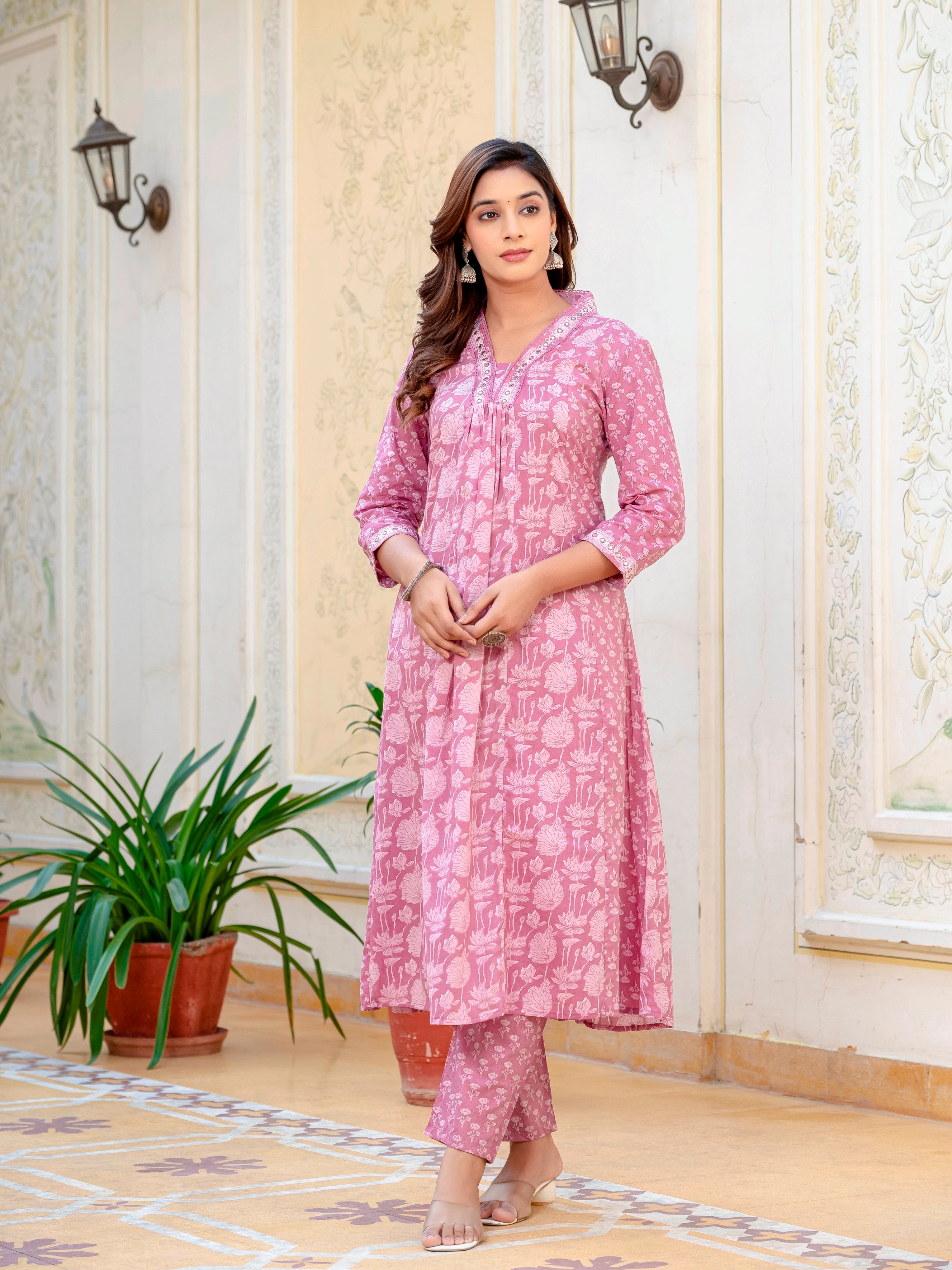 Women Cotton Jaipuri Flower Printed and Neckline Mirror Lace Worked Kurta With Pant and Dupatta