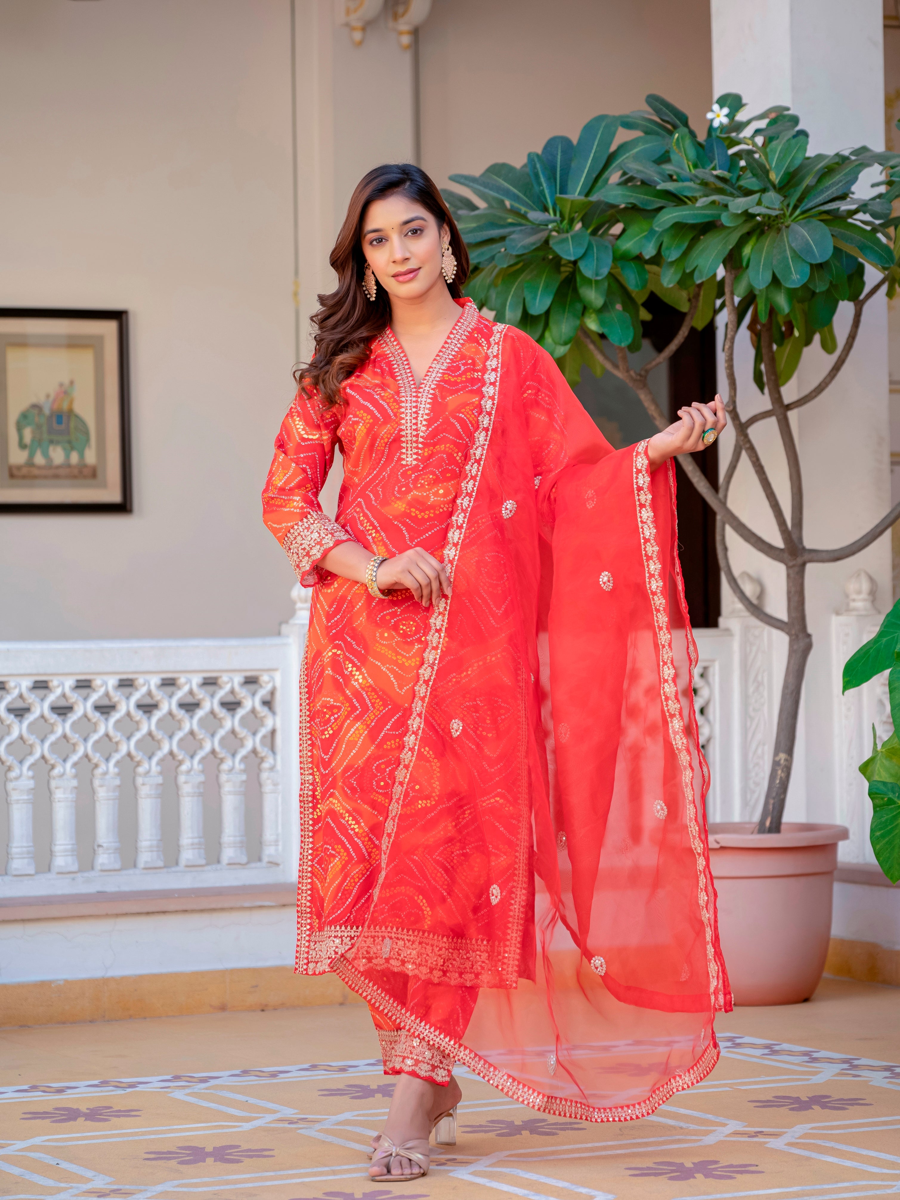 Women Party Wear Bandhani Printed With Lace Worked Rayon Red Kurta With Pant and Orgenza Dupatta