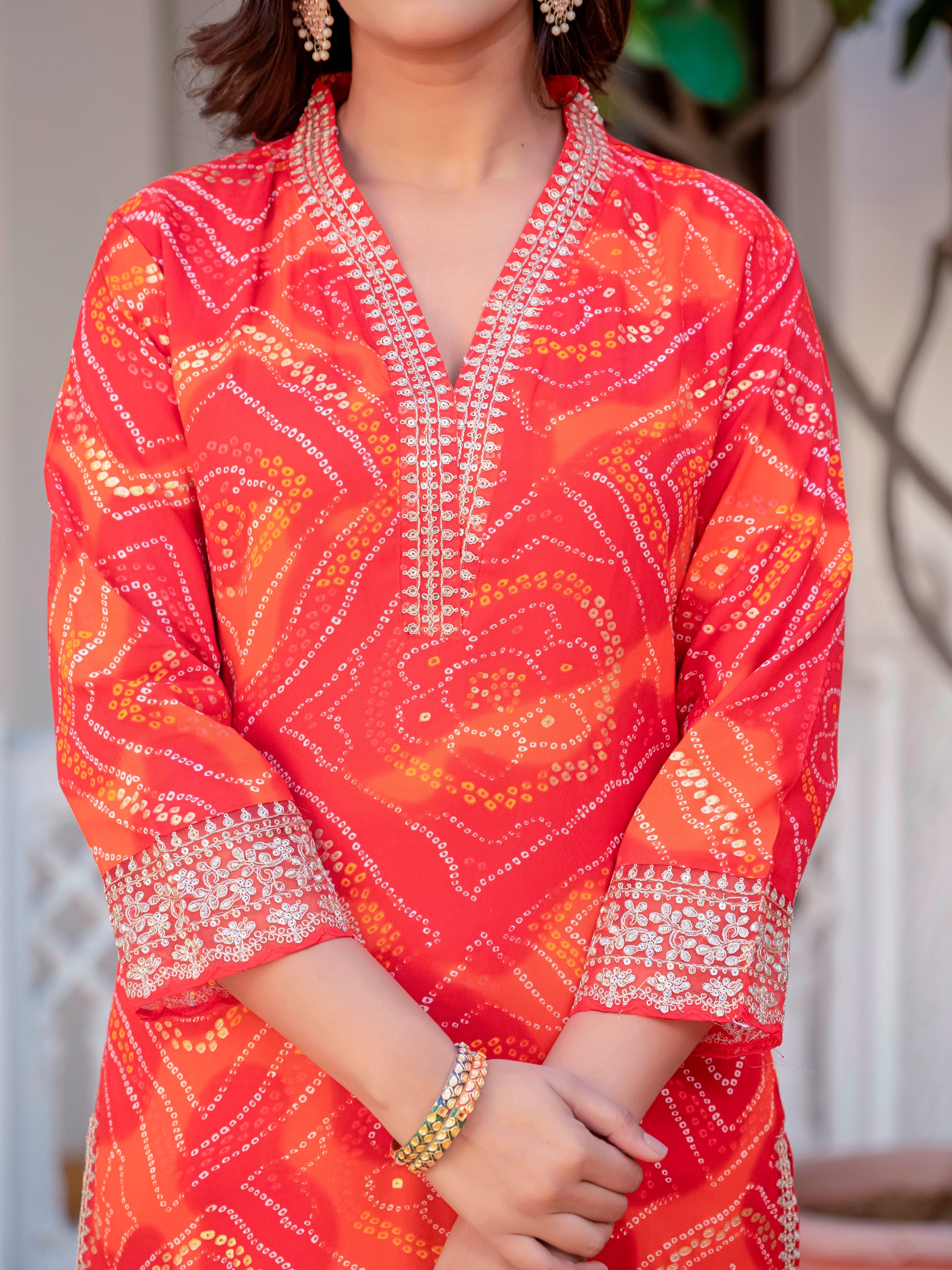Women Party Wear Bandhani Printed With Lace Worked Rayon Red Kurta With Pant and Orgenza Dupatta