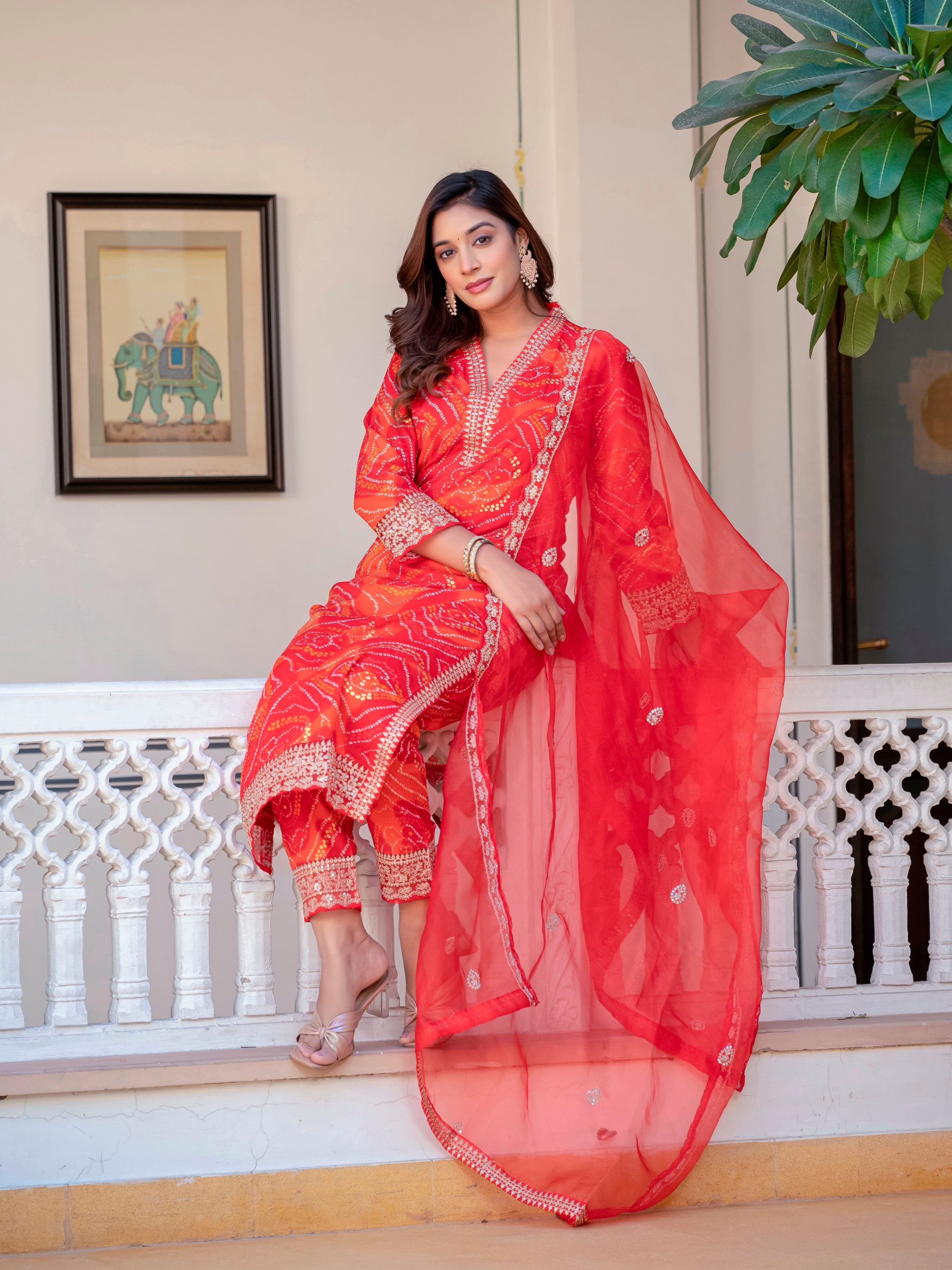Women Party Wear Bandhani Printed With Lace Worked Rayon Red Kurta With Pant and Orgenza Dupatta