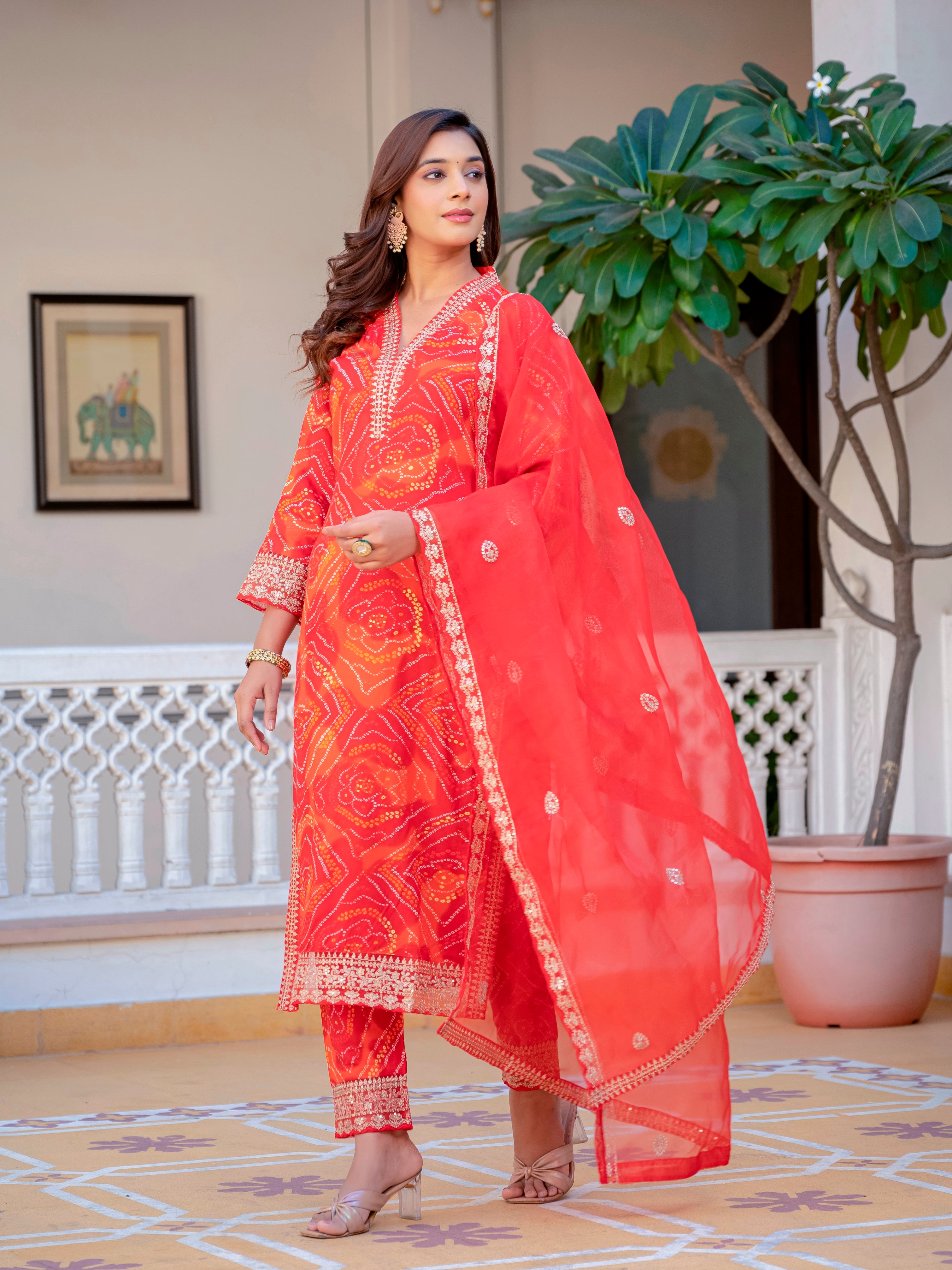 Women Party Wear Bandhani Printed With Lace Worked Rayon Red Kurta With Pant and Orgenza Dupatta