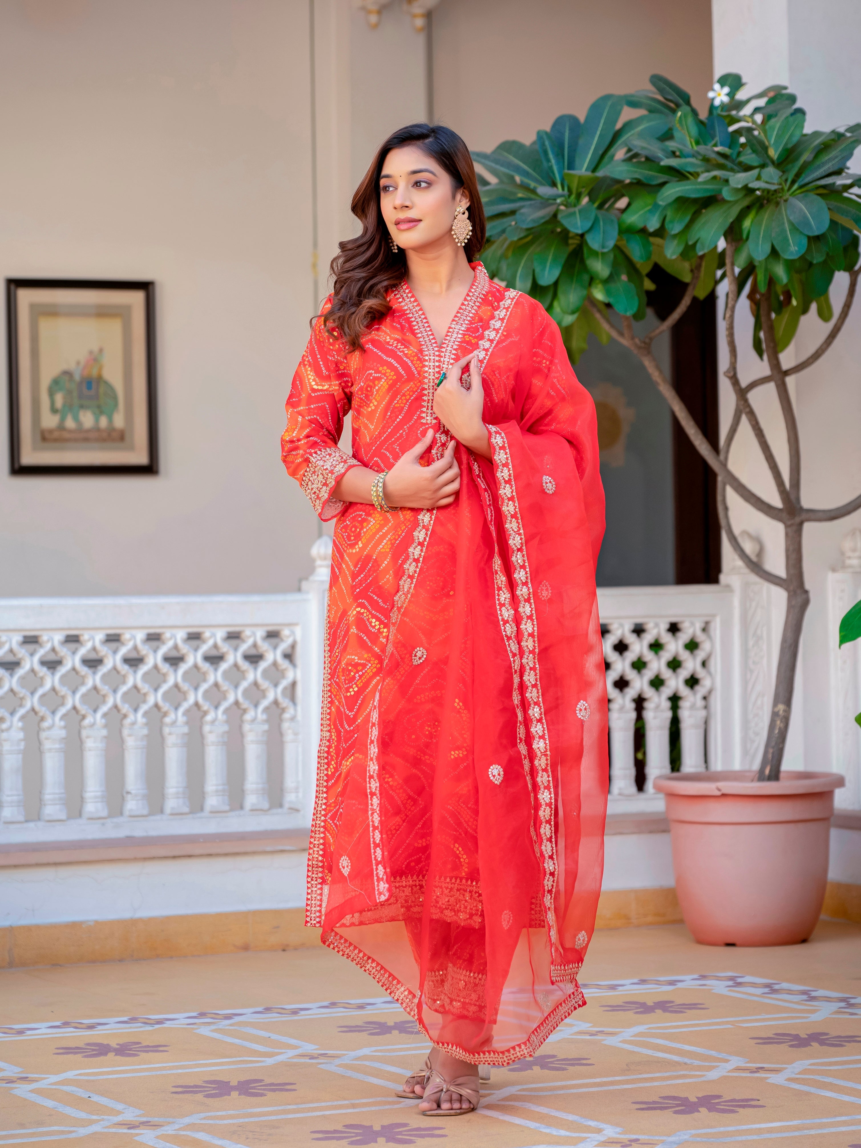 Women Party Wear Bandhani Printed With Lace Worked Rayon Red Kurta With Pant and Orgenza Dupatta