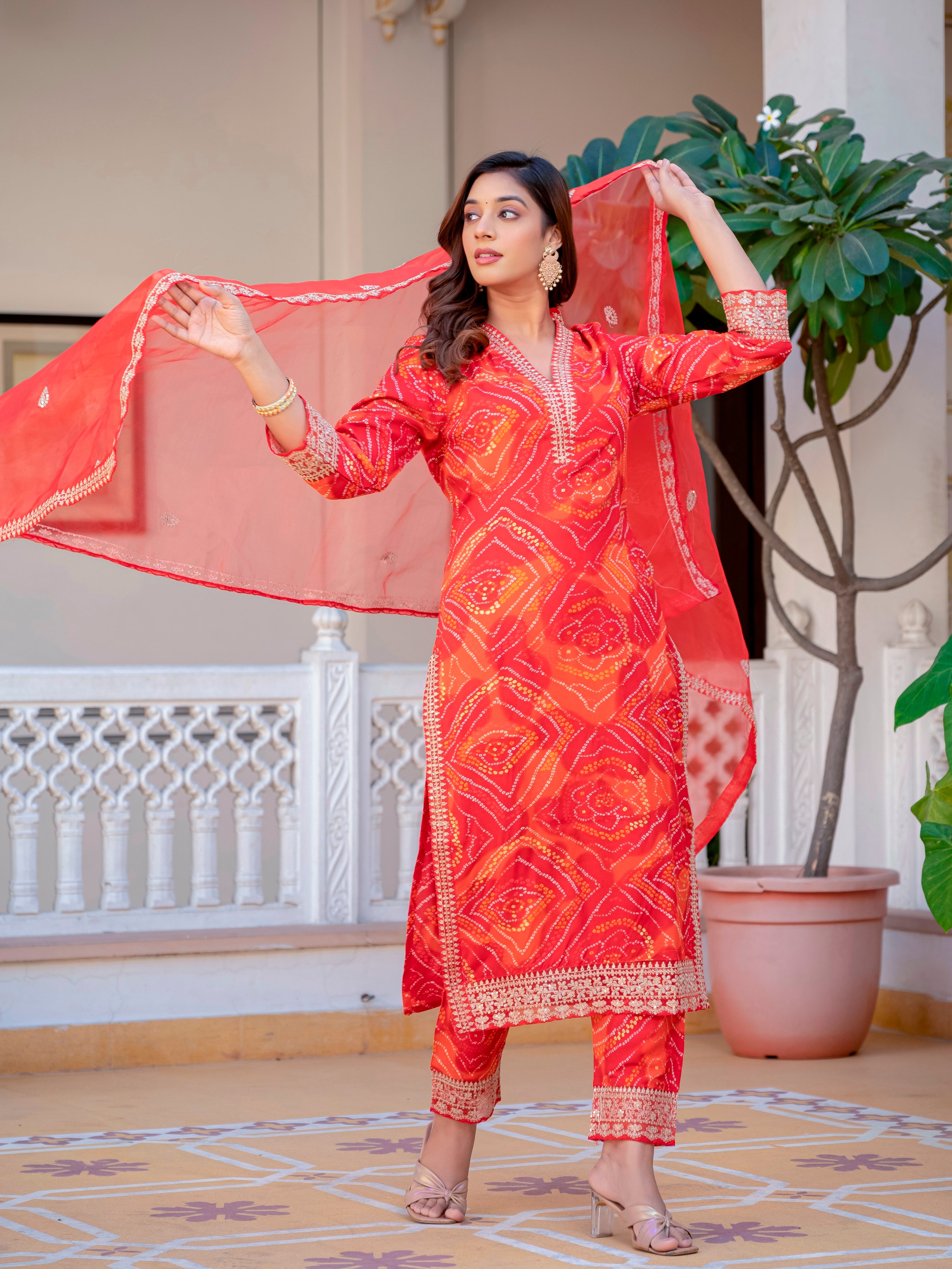 Women Party Wear Bandhani Printed With Lace Worked Rayon Red Kurta With Pant and Orgenza Dupatta