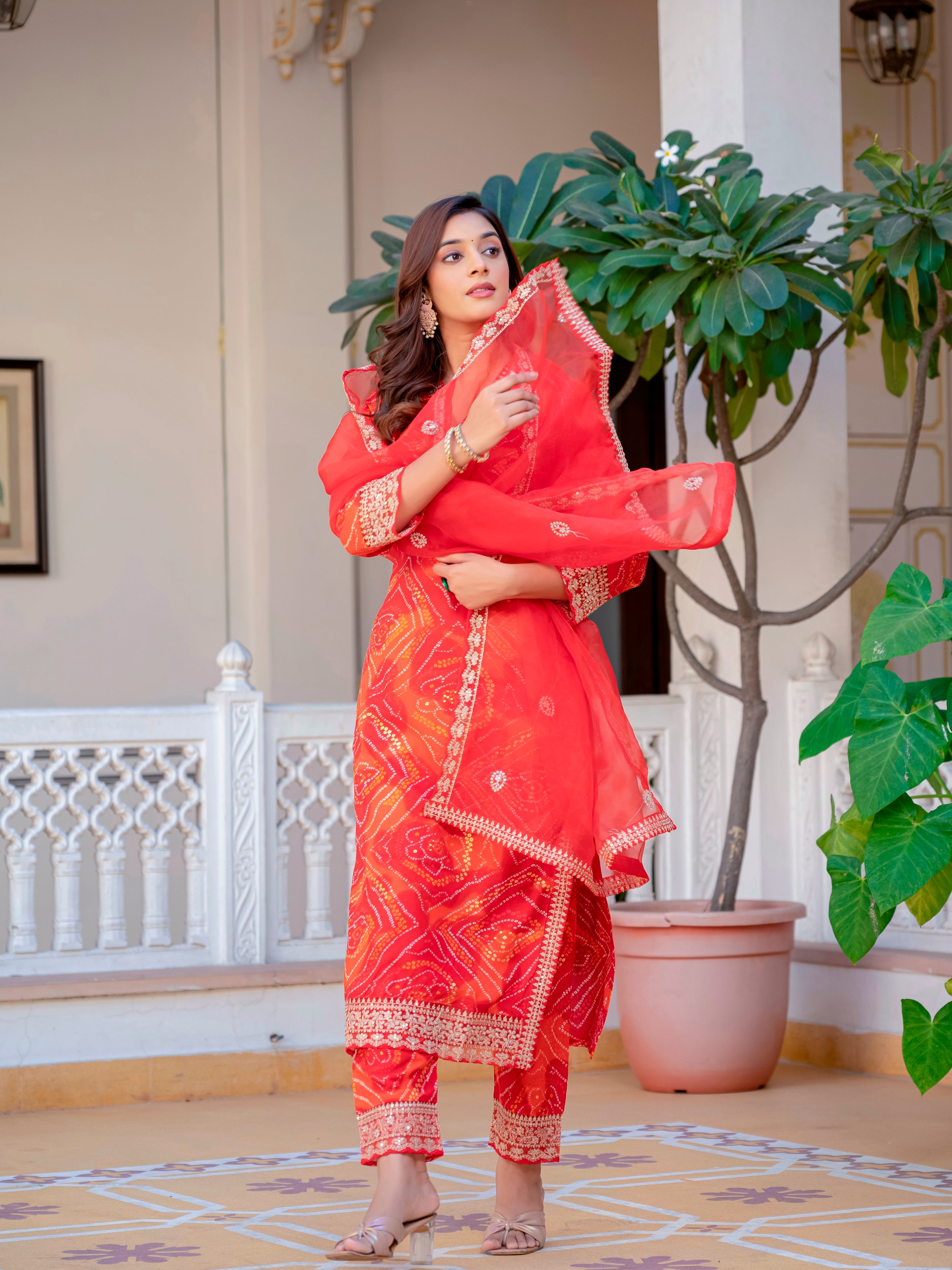 Women Party Wear Bandhani Printed With Lace Worked Rayon Red Kurta With Pant and Orgenza Dupatta