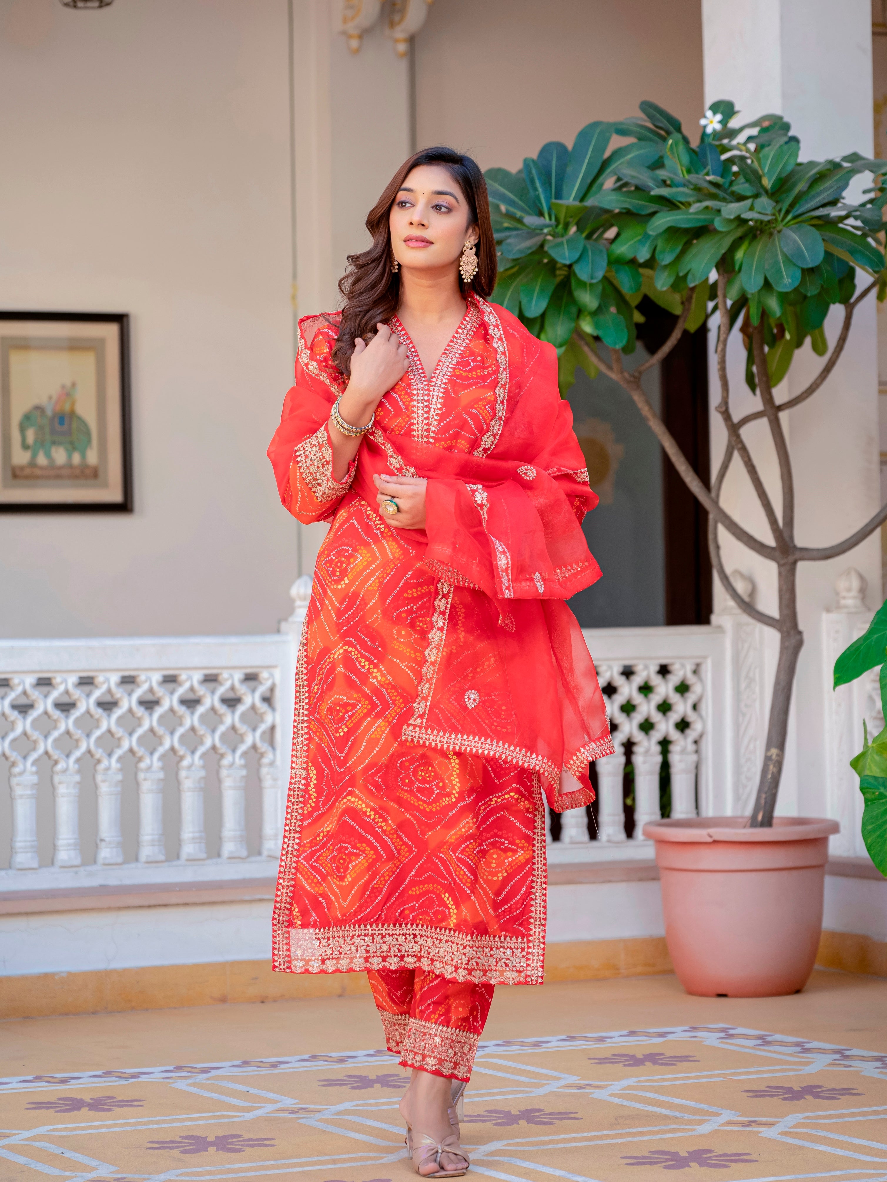Women Party Wear Bandhani Printed With Lace Worked Rayon Red Kurta With Pant and Orgenza Dupatta