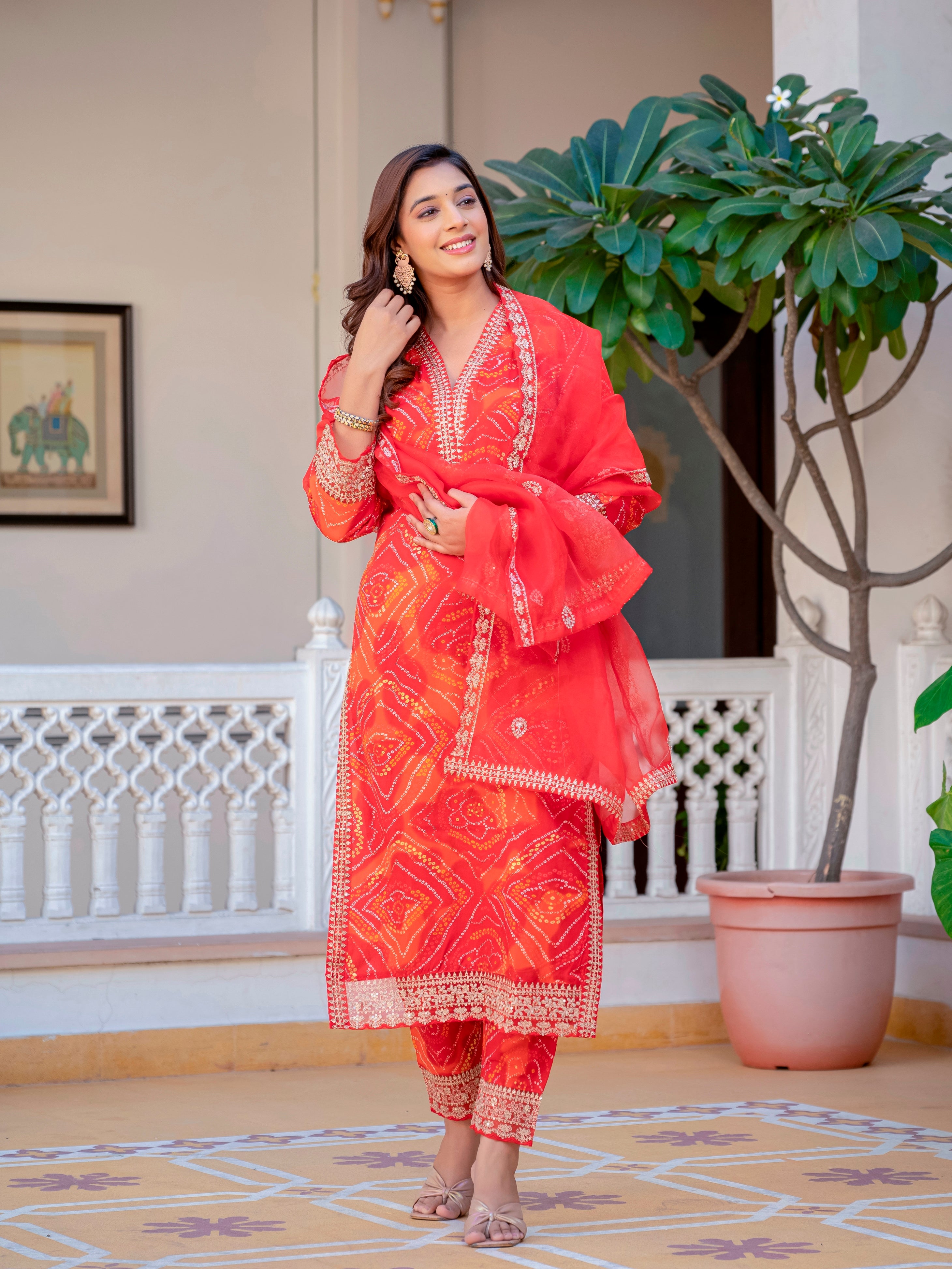 Women Party Wear Bandhani Printed With Lace Worked Rayon Red Kurta With Pant and Orgenza Dupatta