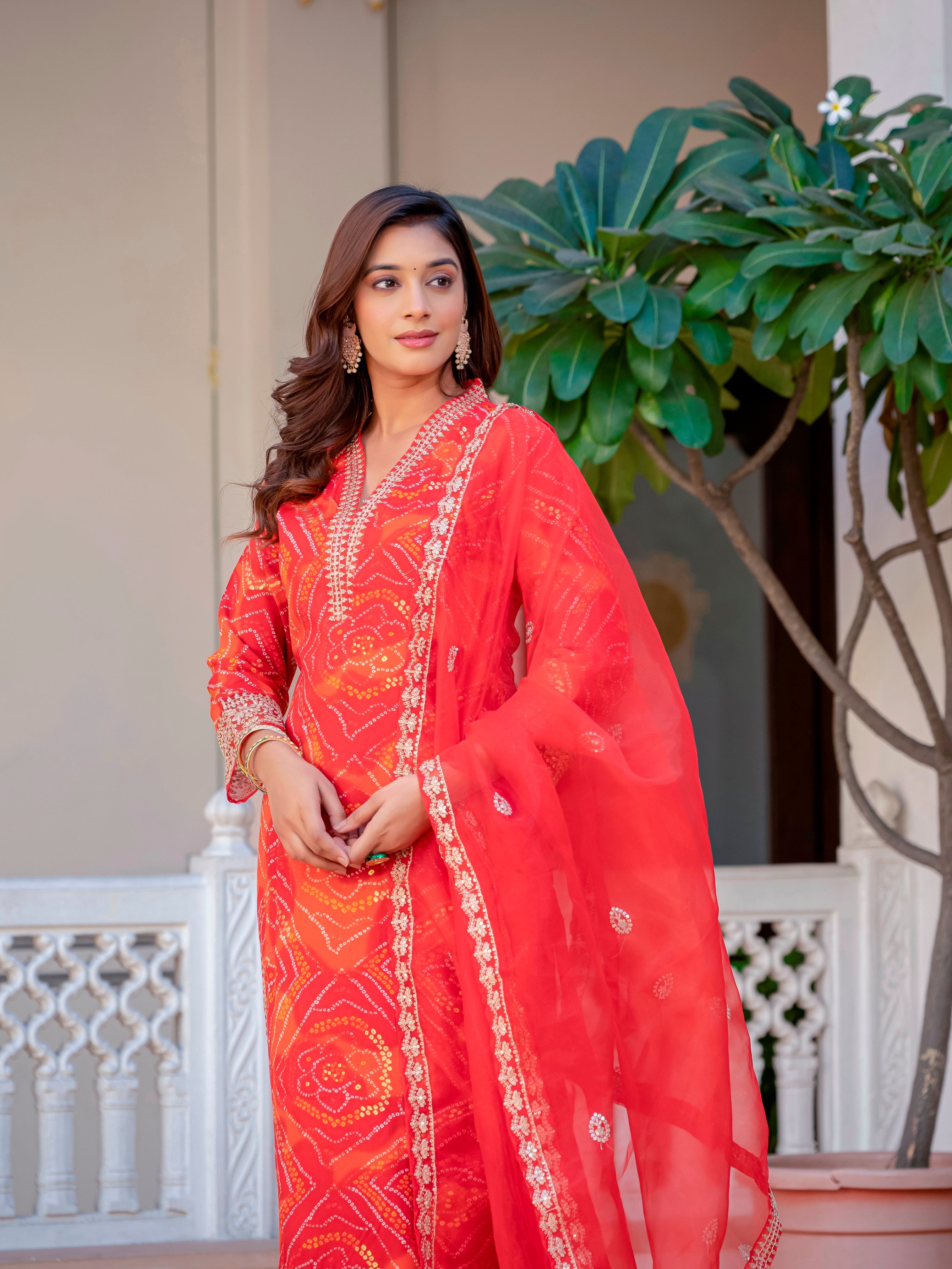 Women Party Wear Bandhani Printed With Lace Worked Rayon Red Kurta With Pant and Orgenza Dupatta