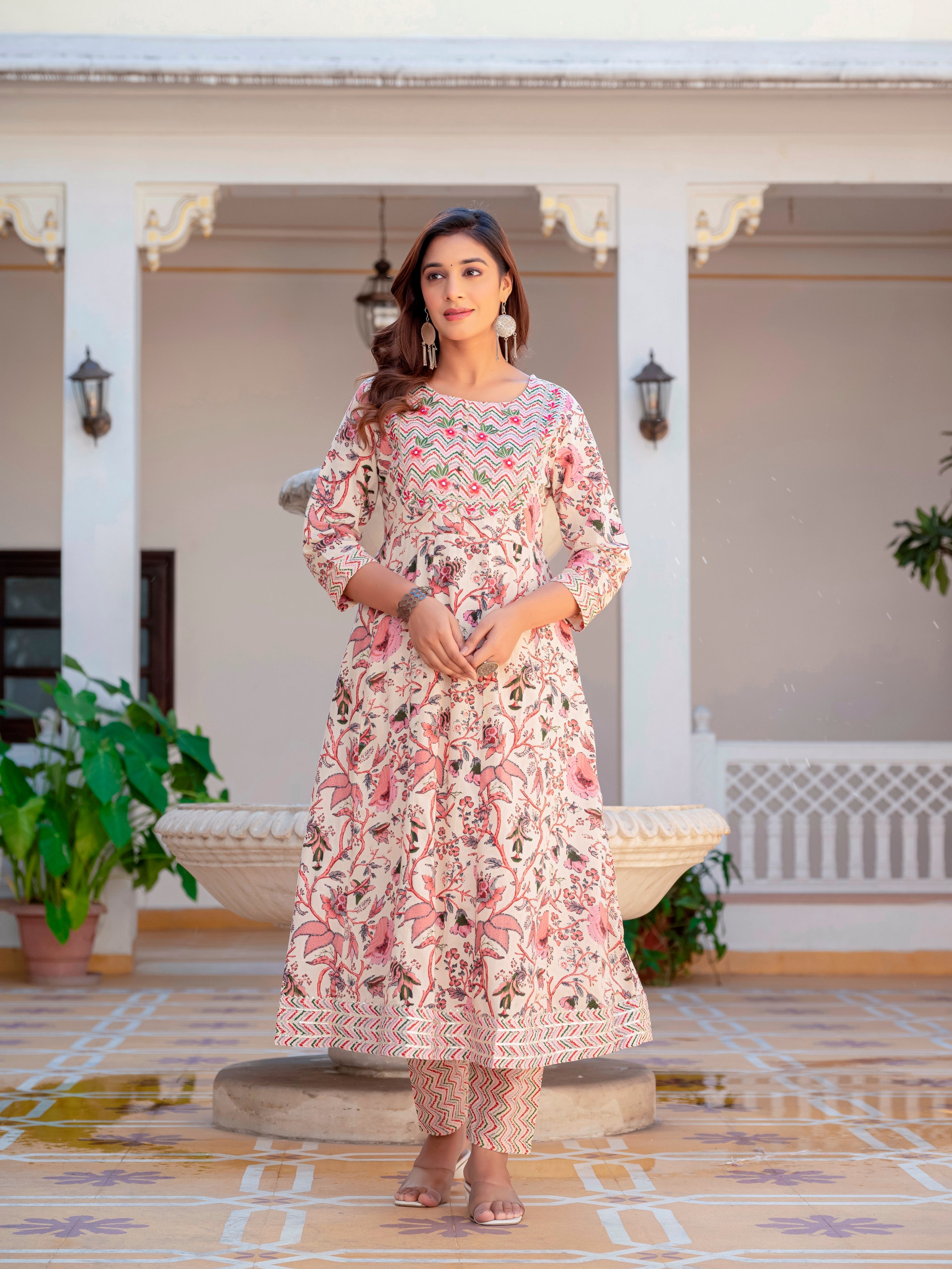 Multicolor Anarkali Flared Cotton Kurti With Pant And Dupatta For Women