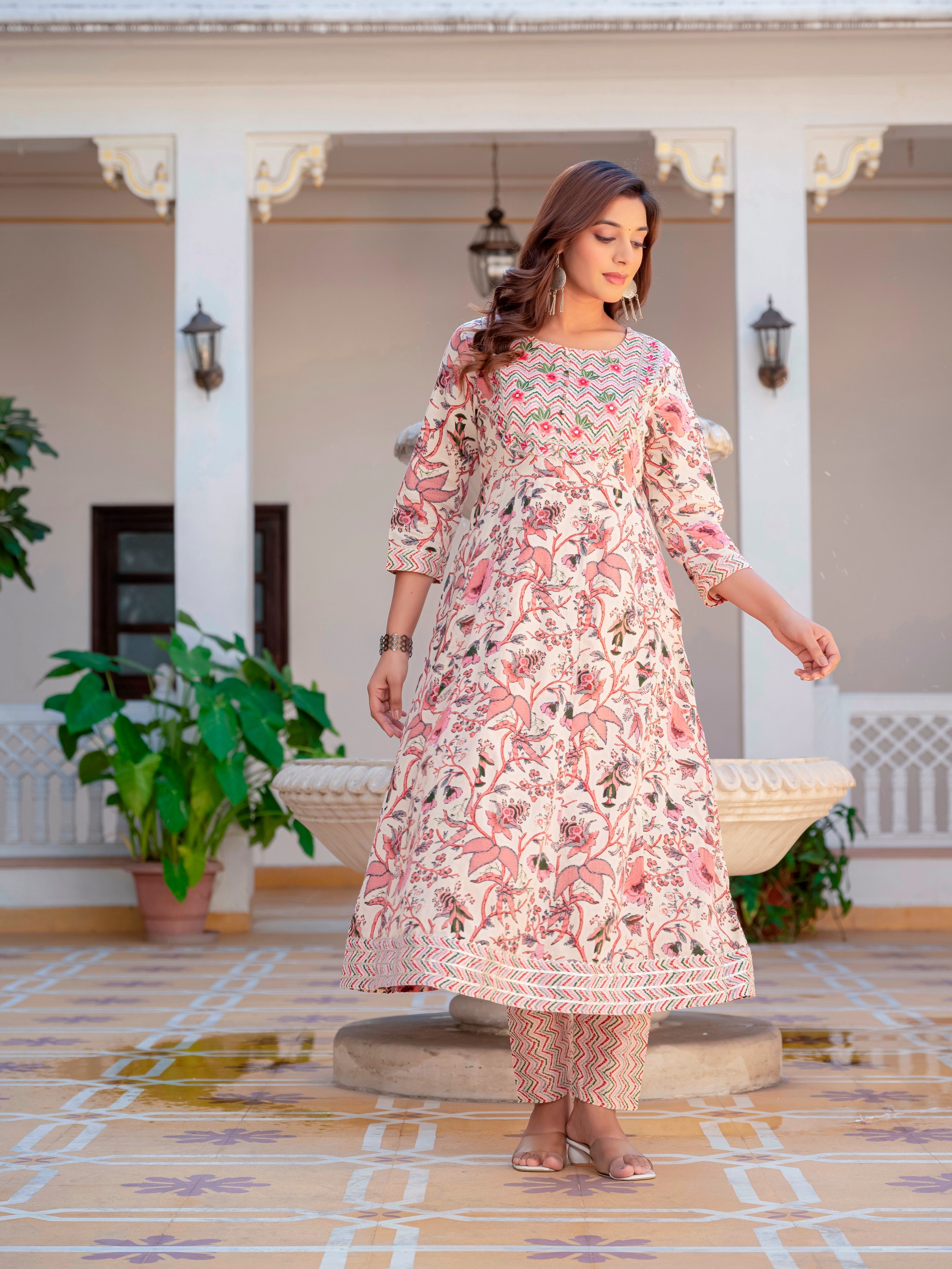 Multicolor Anarkali Flared Cotton Kurti With Pant And Dupatta For Women