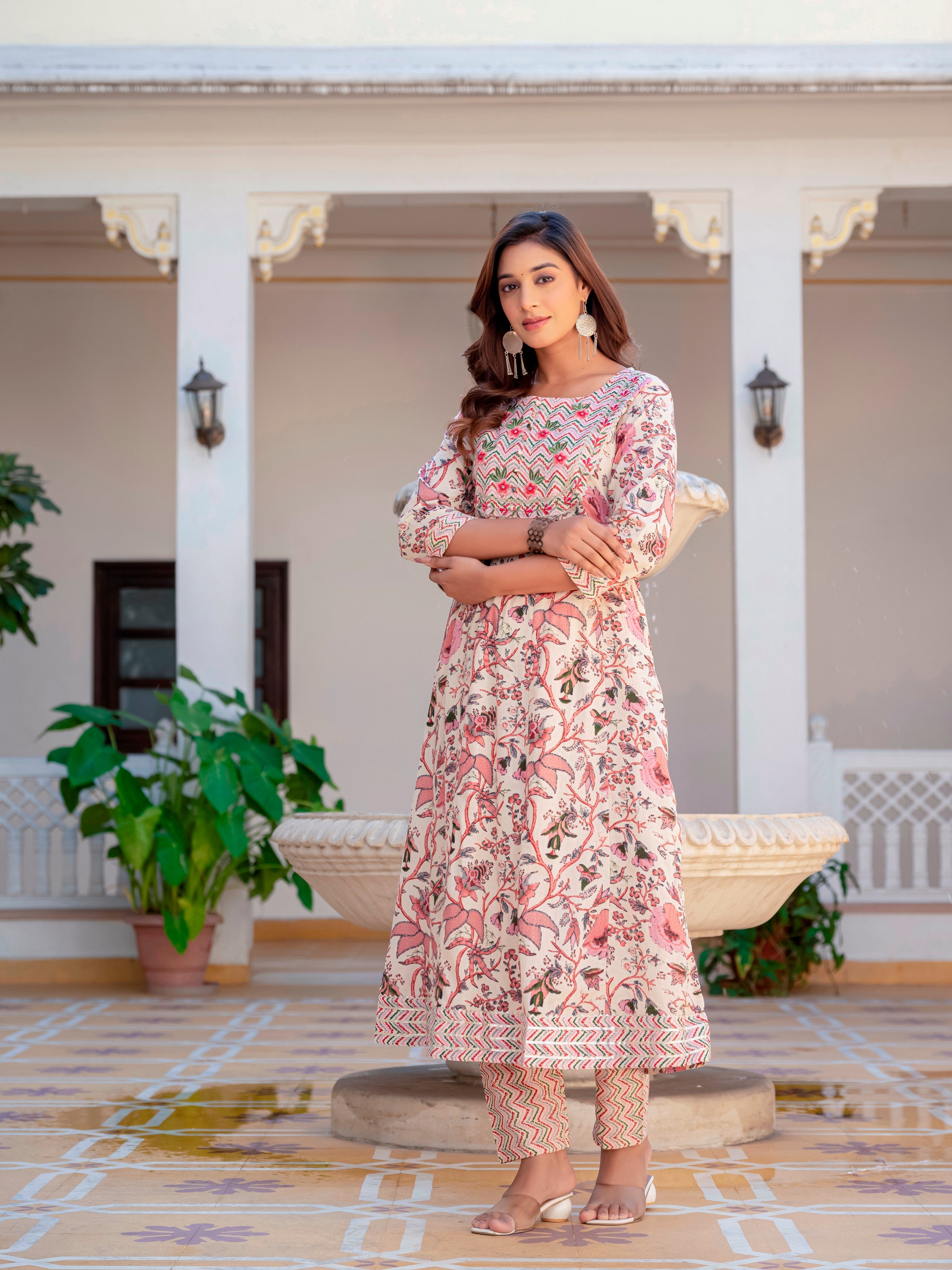 Multicolor Anarkali Flared Cotton Kurti With Pant And Dupatta For Women