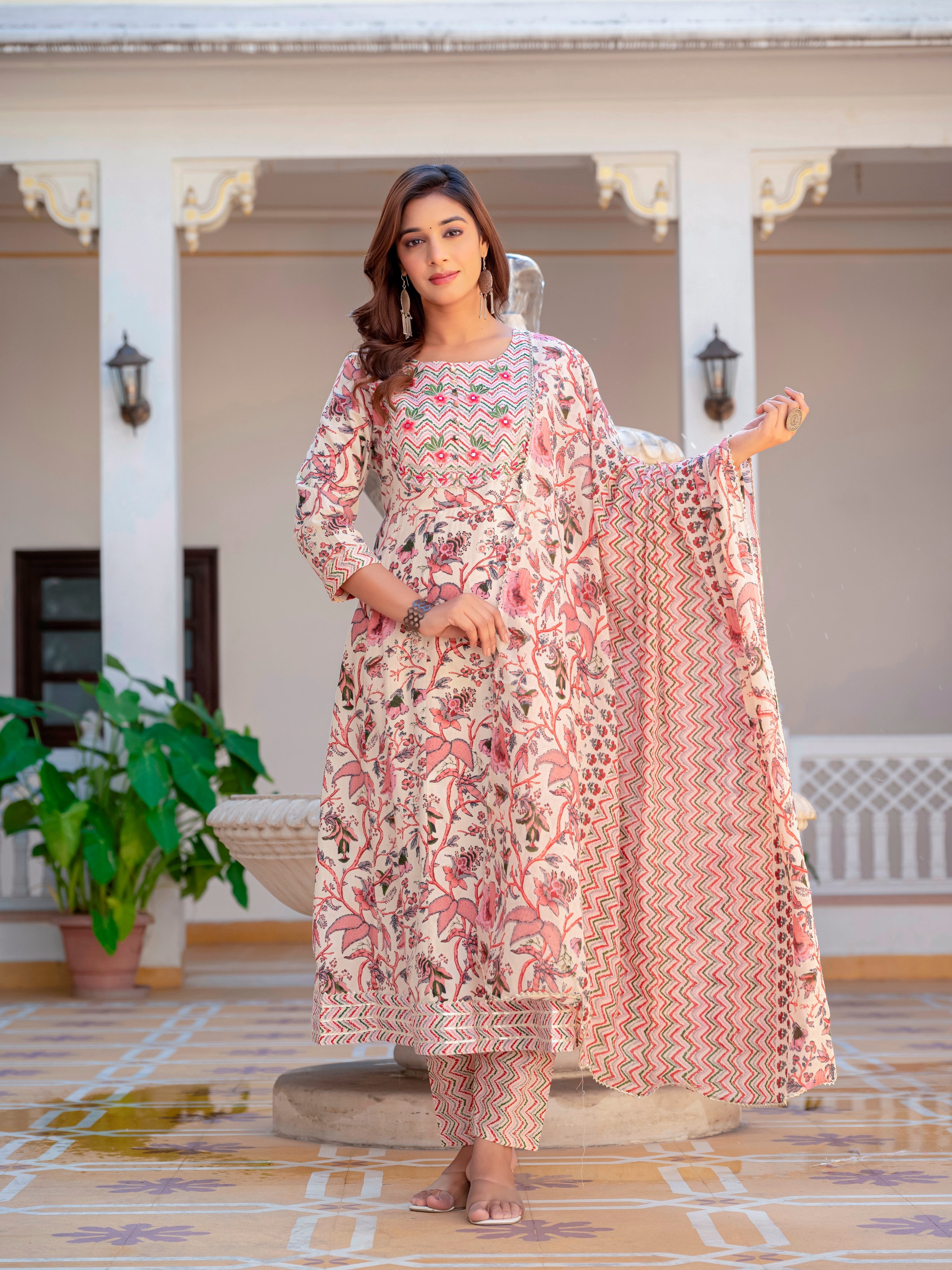 Multicolor Anarkali Flared Cotton Kurti With Pant And Dupatta For Women