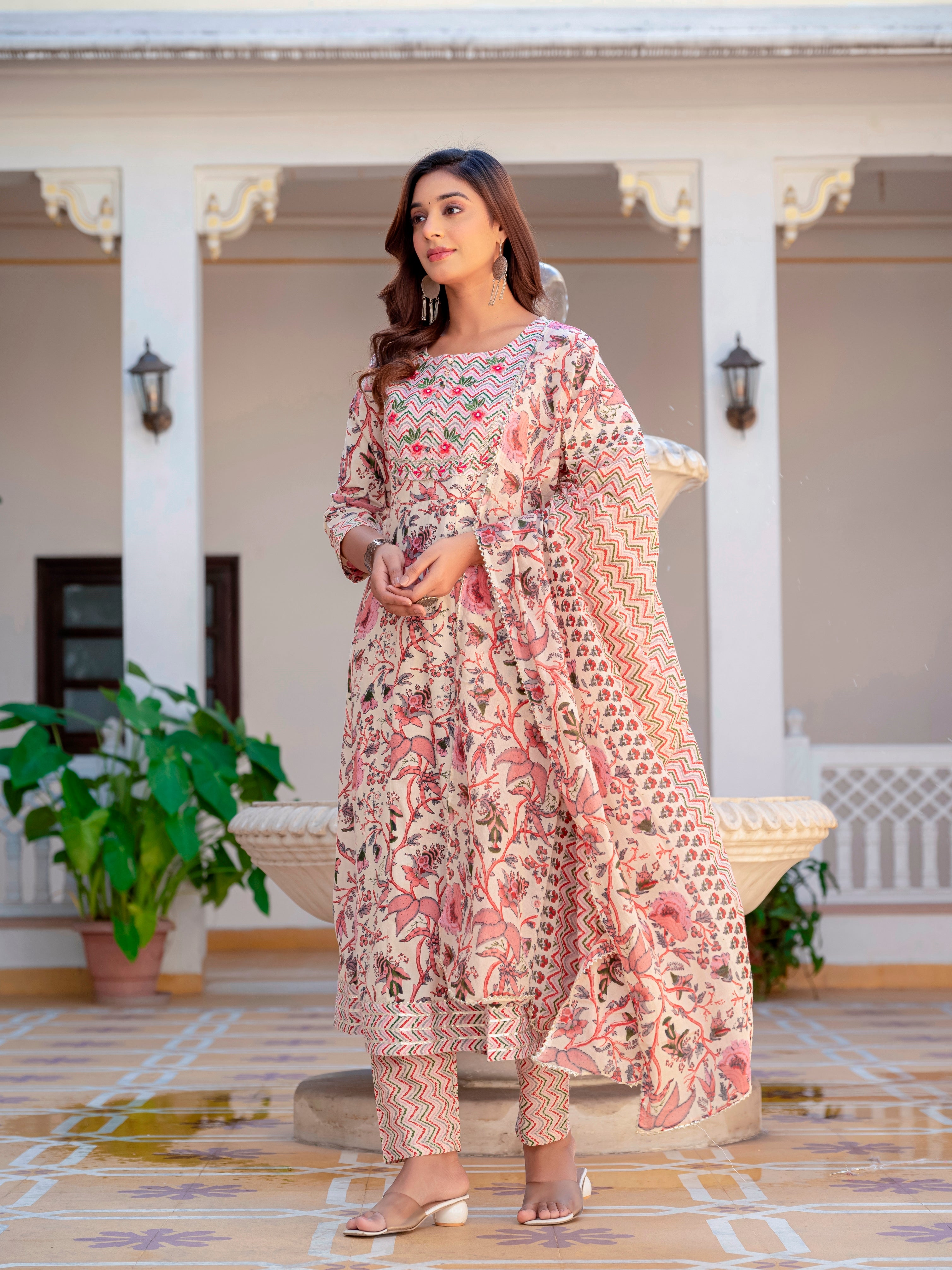 Multicolor Anarkali Flared Cotton Kurti With Pant And Dupatta For Women