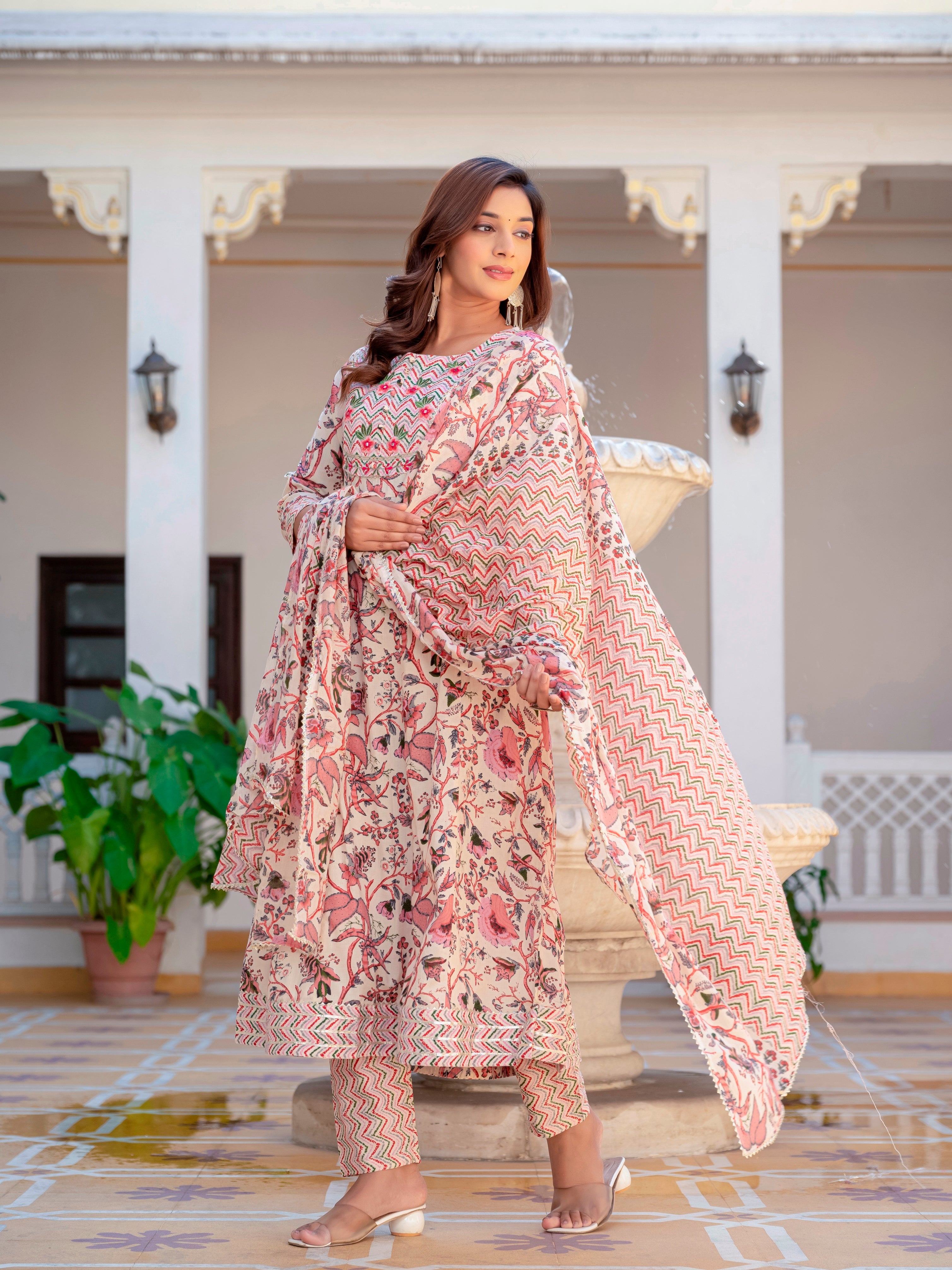 Multicolor Anarkali Flared Cotton Kurti With Pant And Dupatta For Women