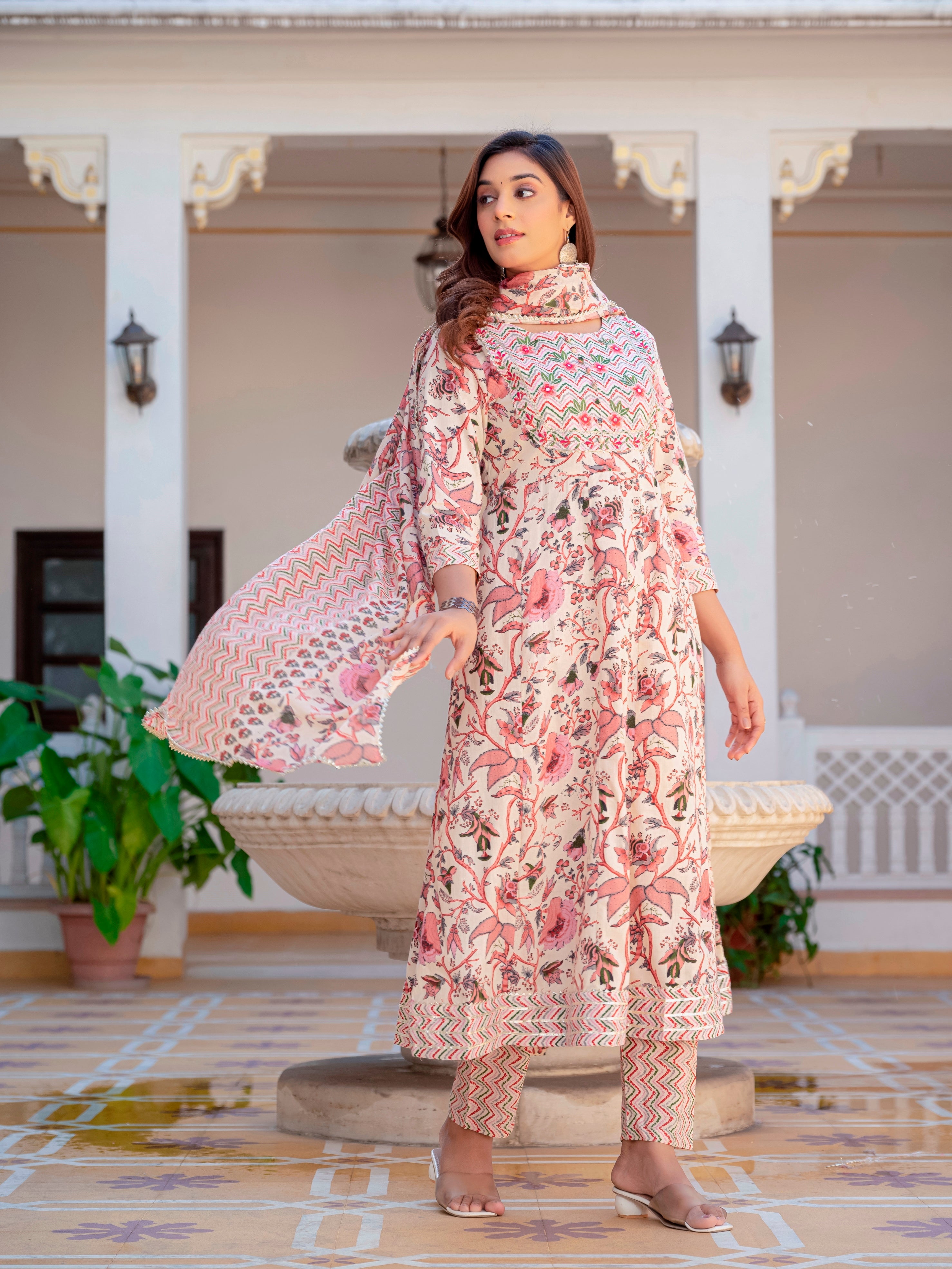 Multicolor Anarkali Flared Cotton Kurti With Pant And Dupatta For Women