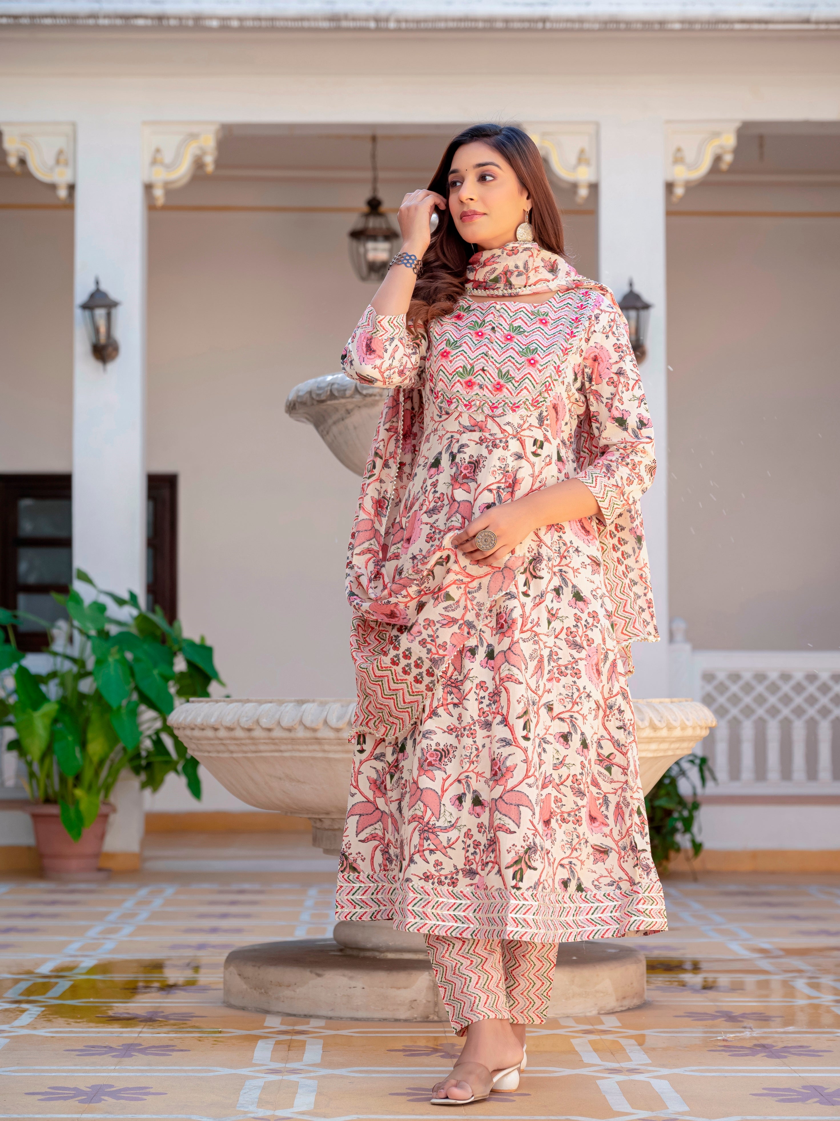 Multicolor Anarkali Flared Cotton Kurti With Pant And Dupatta For Women