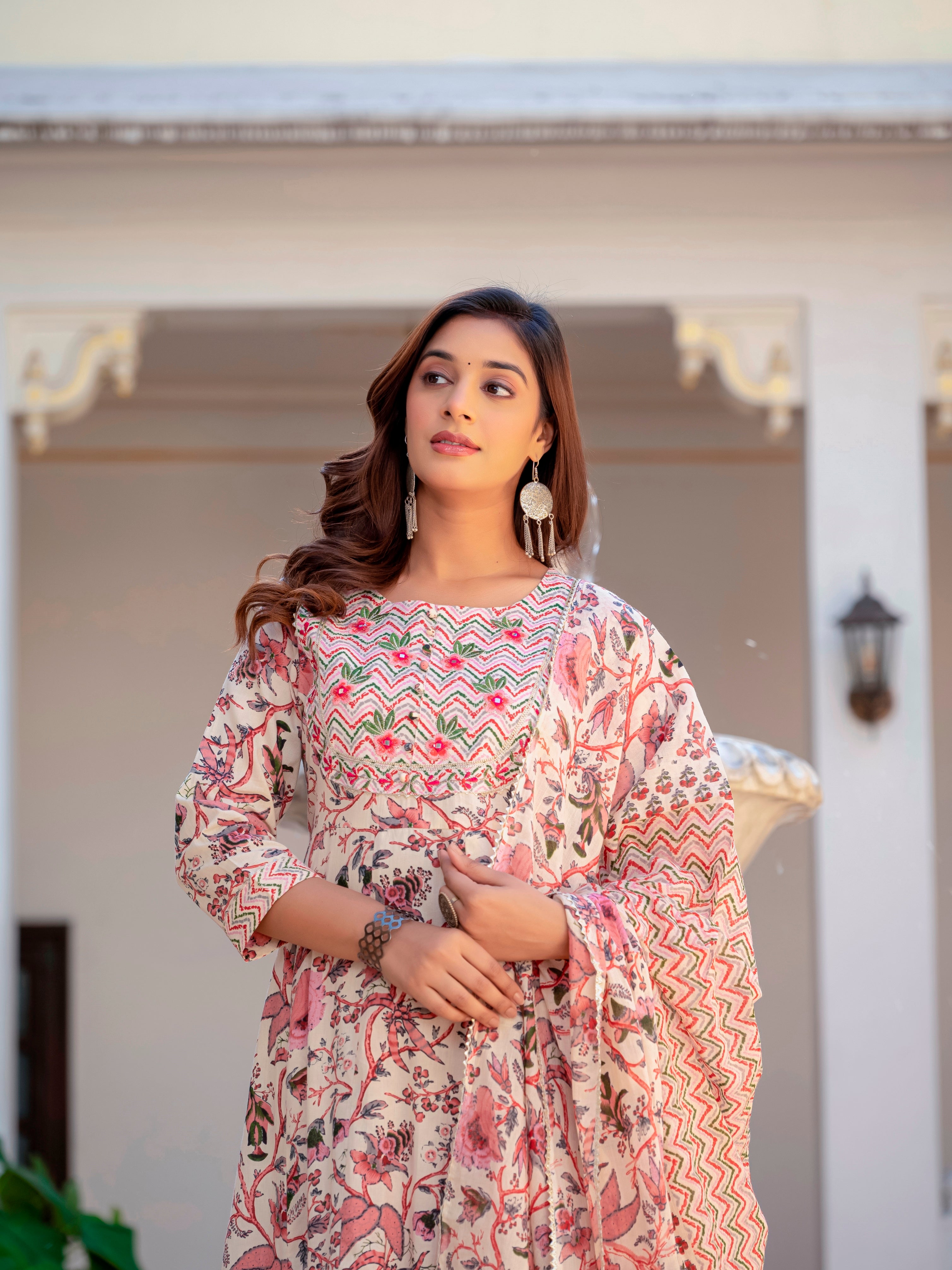 Multicolor Anarkali Flared Cotton Kurti With Pant And Dupatta For Women