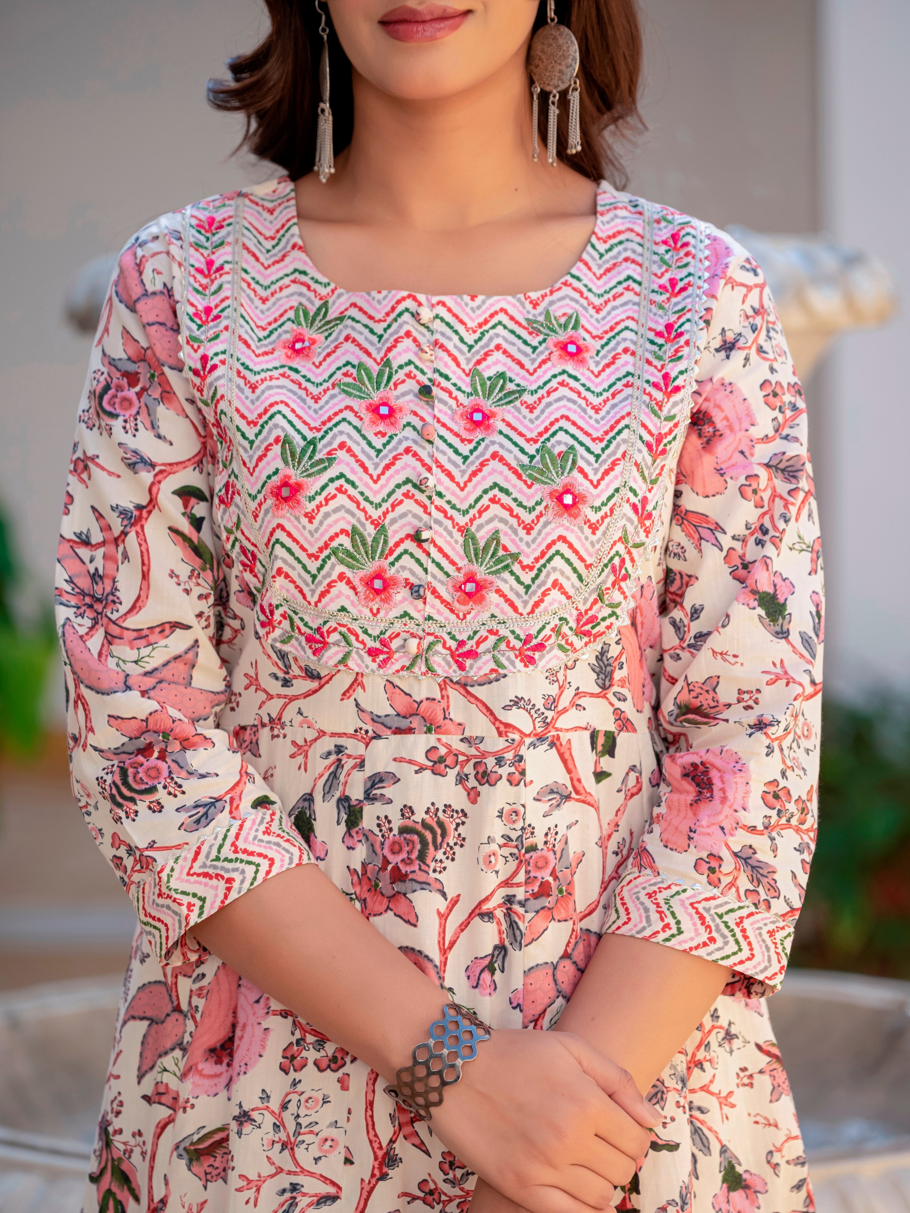 Multicolor Anarkali Flared Cotton Kurti With Pant And Dupatta For Women