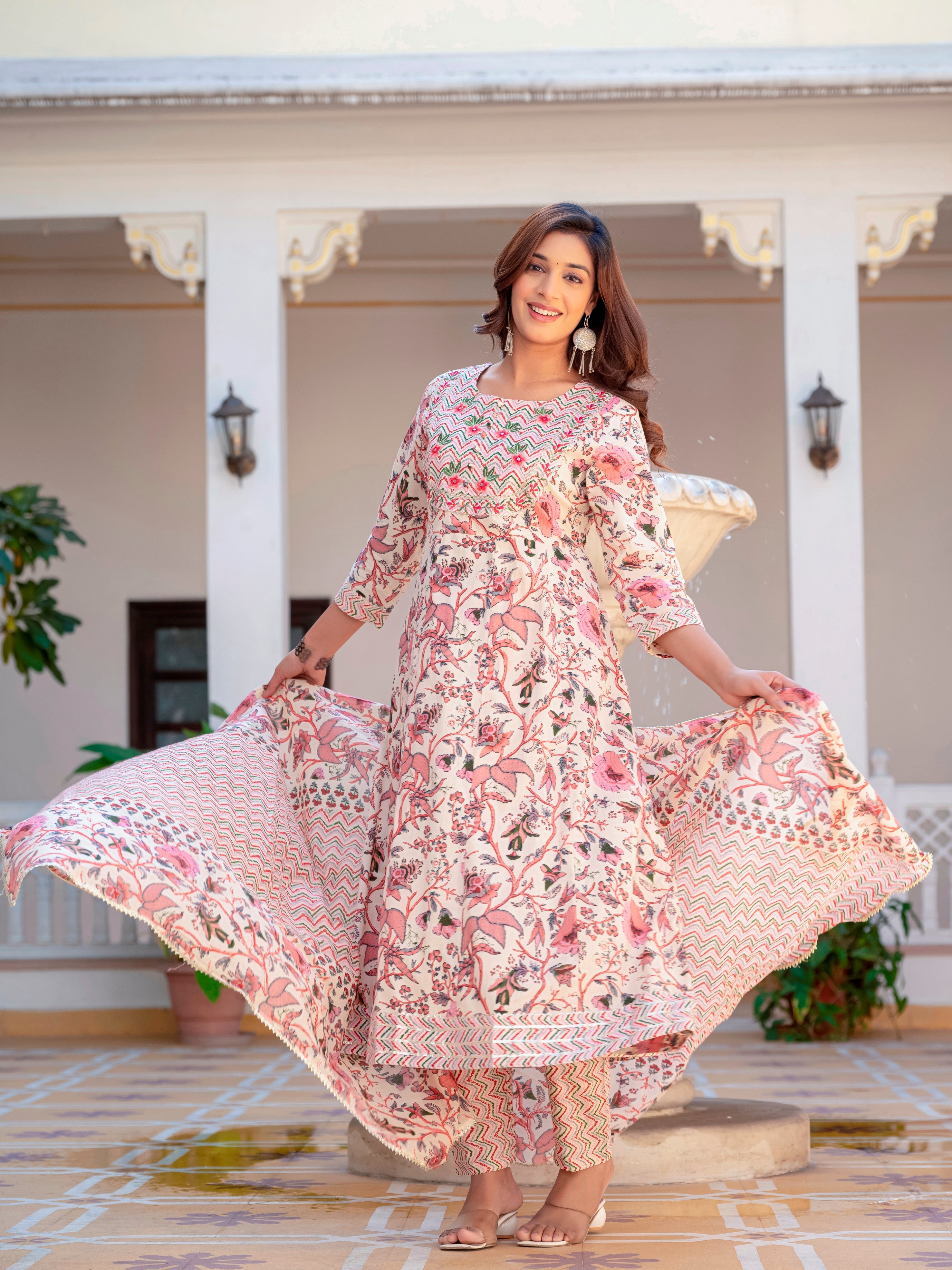 Multicolor Anarkali Flared Cotton Kurti With Pant And Dupatta For Women